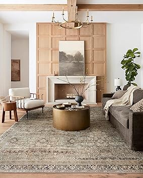 Loloi Layla Collection LAY-03 Olive/Charcoal 7'-6" x 9'-6" .13" Thick Area Rug, Soft, Durable, Vintage Inspired, Distressed, Low Pile, Non-Shedding, Easy Clean, Printed, Living Room Rug