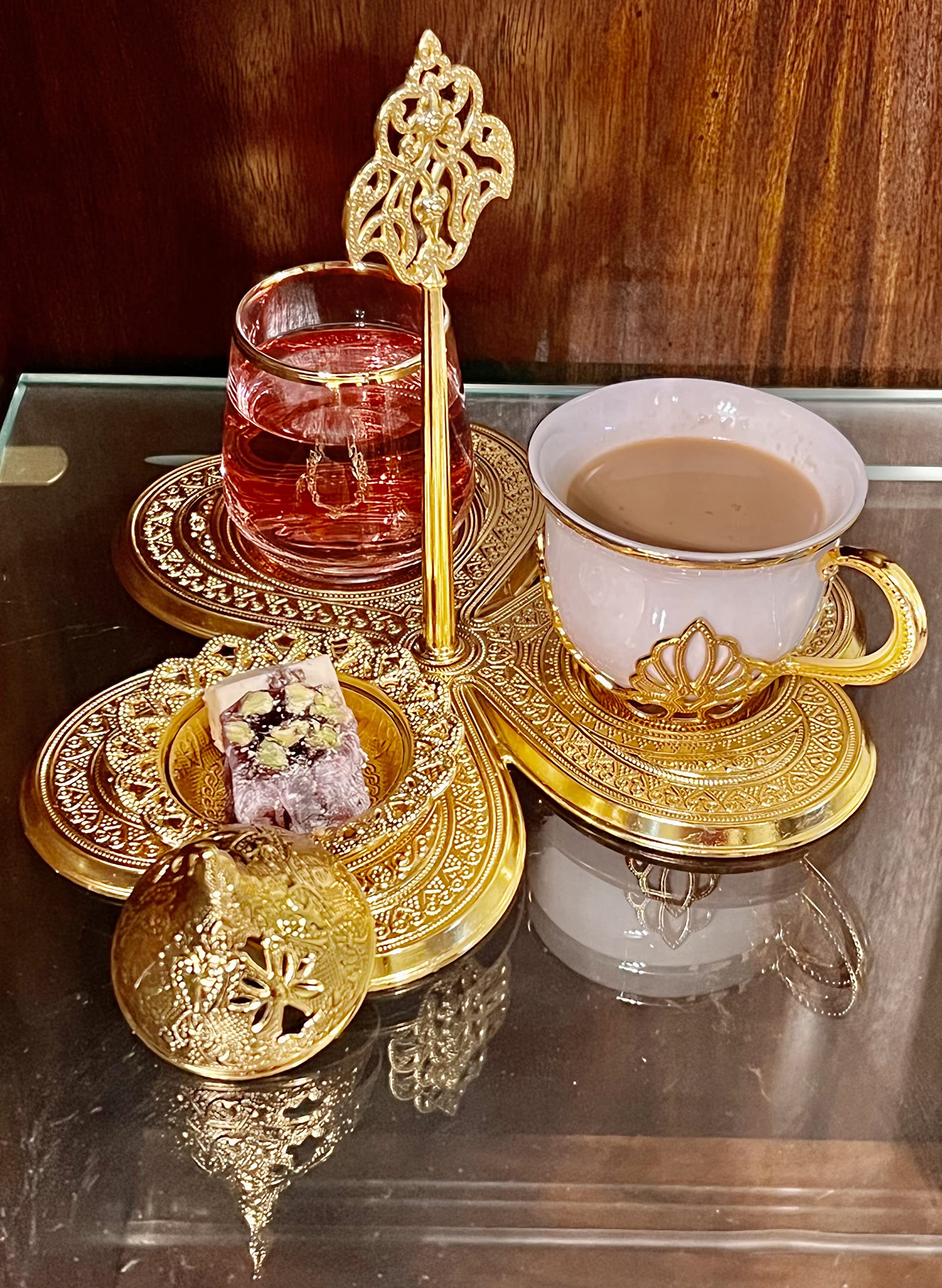 Turkish Tea Coffee Set with a Glass, Saucer and Dessert cave, Gift Set Heart Shaped 3 in 1 Coffee Tea Dessert Set 5.75