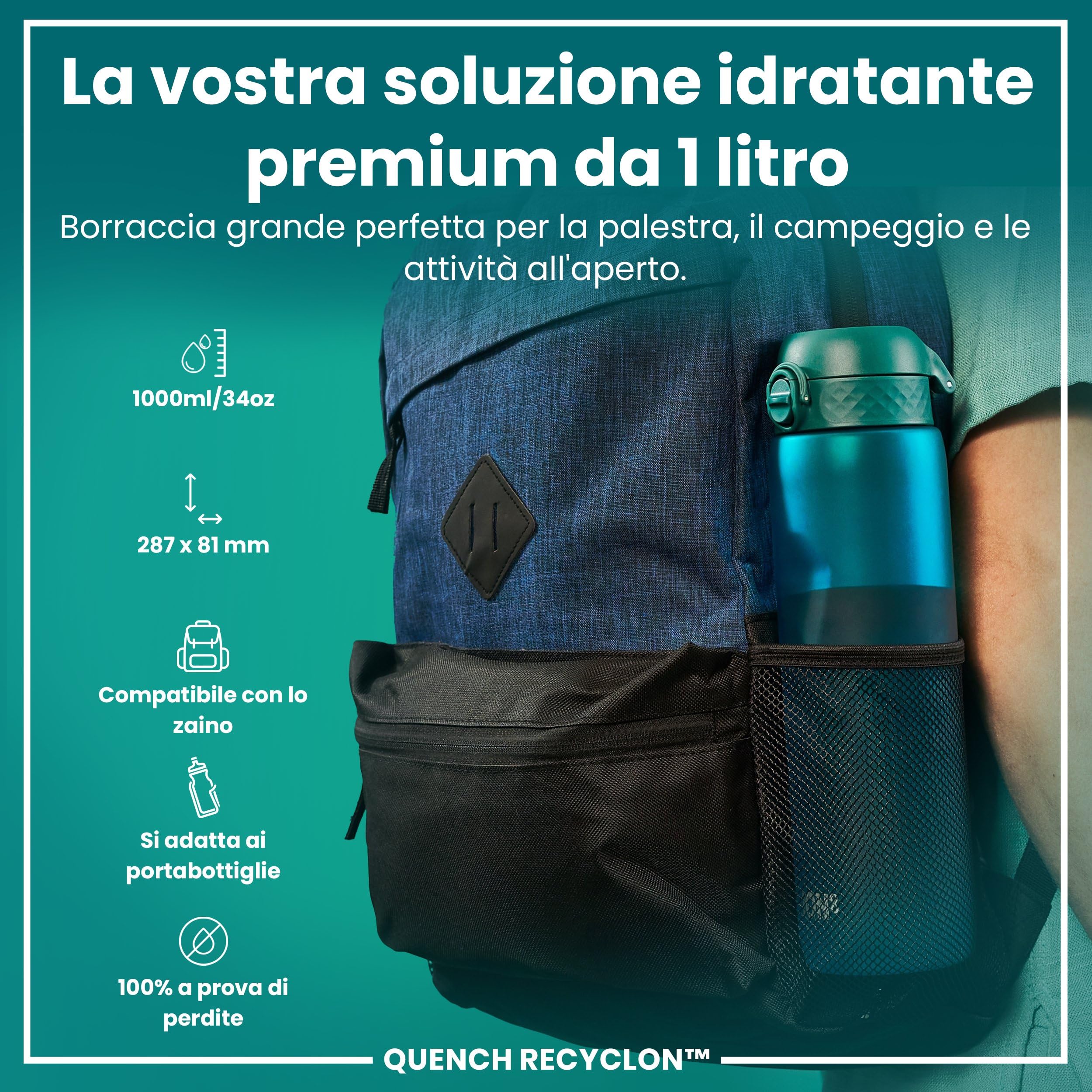 Ion8 Borraccia a Prova di Perdite, Facile da Aprire, Serratura Sicura, Lavabile in Lavastoviglie, Senza BPA, Maniglia per il Trasporto, Adatta a Portabicchieri, Facile Pulizia