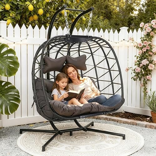 RADIATA Silla colgante de huevo para 2 personas con soporte, sillas abatibles dobles extra grandes y acogedoras para exteriores, silla hamaca de