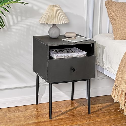 Miniatura 21 de VECELO Juego de 2 mesitas de noche modernas, mesa auxiliar cuadrada con cajón y espacio de almacenamiento para dormitorio y sala de estar Marrón