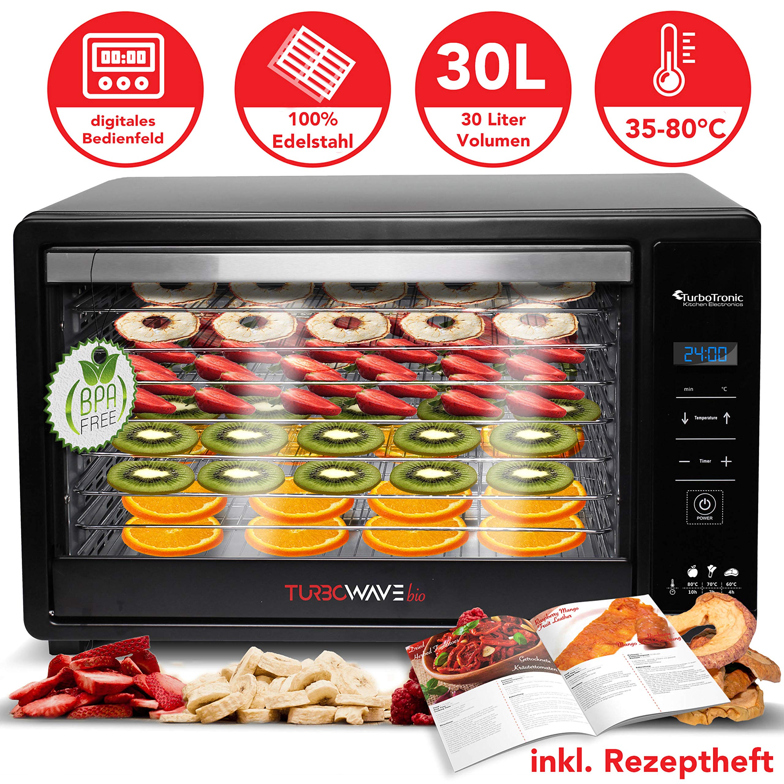 TurboTronic digitaler Dörrautomat mit Edelstahlgitter 30L schwarz, Dörrgerät Edelstahl mit Timer, Temperaturregler, 8 Metallgitter, Abschaltautomatik