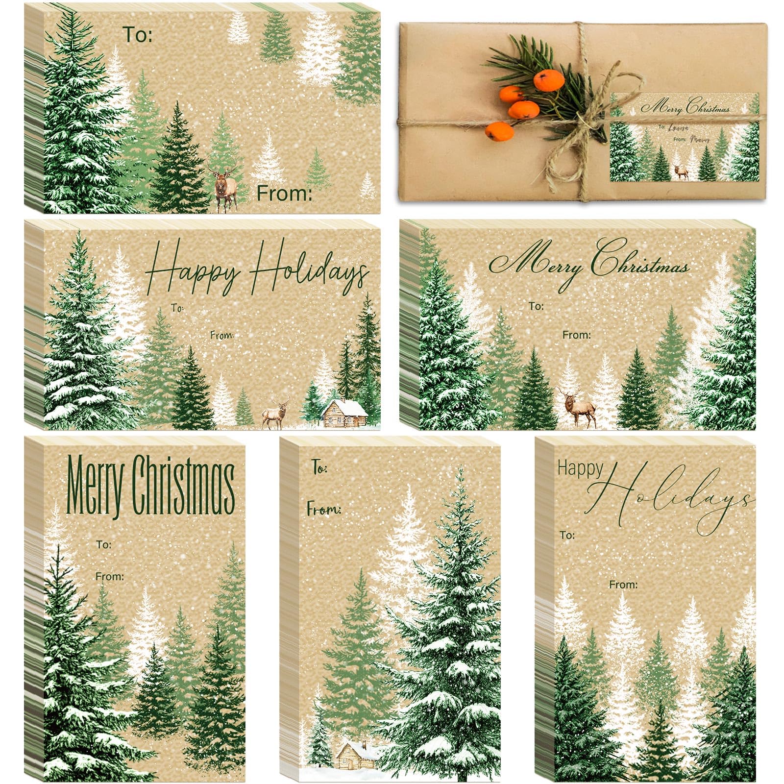 Fullhawl Immergrüne Weihnachts-Geschenkanhänger, Kraftpapier, selbstklebende Aufkleber, Vintage-Stil, Urlaubsetiketten, Waldgrüne, für Weihnachtsgeschenke, Dekoration, 120 Stück