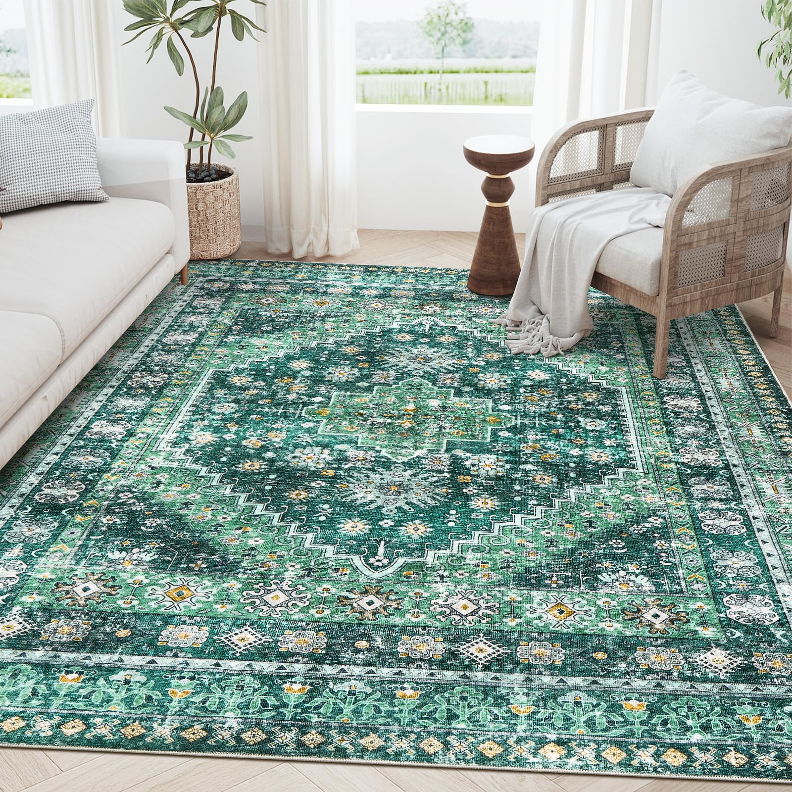 zesthome 5x7 Area Rugs - Ultra-Thin Washble Rug, Stain Resistant Anti Slip Backing Rugs for Living Room,Bedroom, Vintage Home Decor Area Rug(Green/Teal,5'x7')