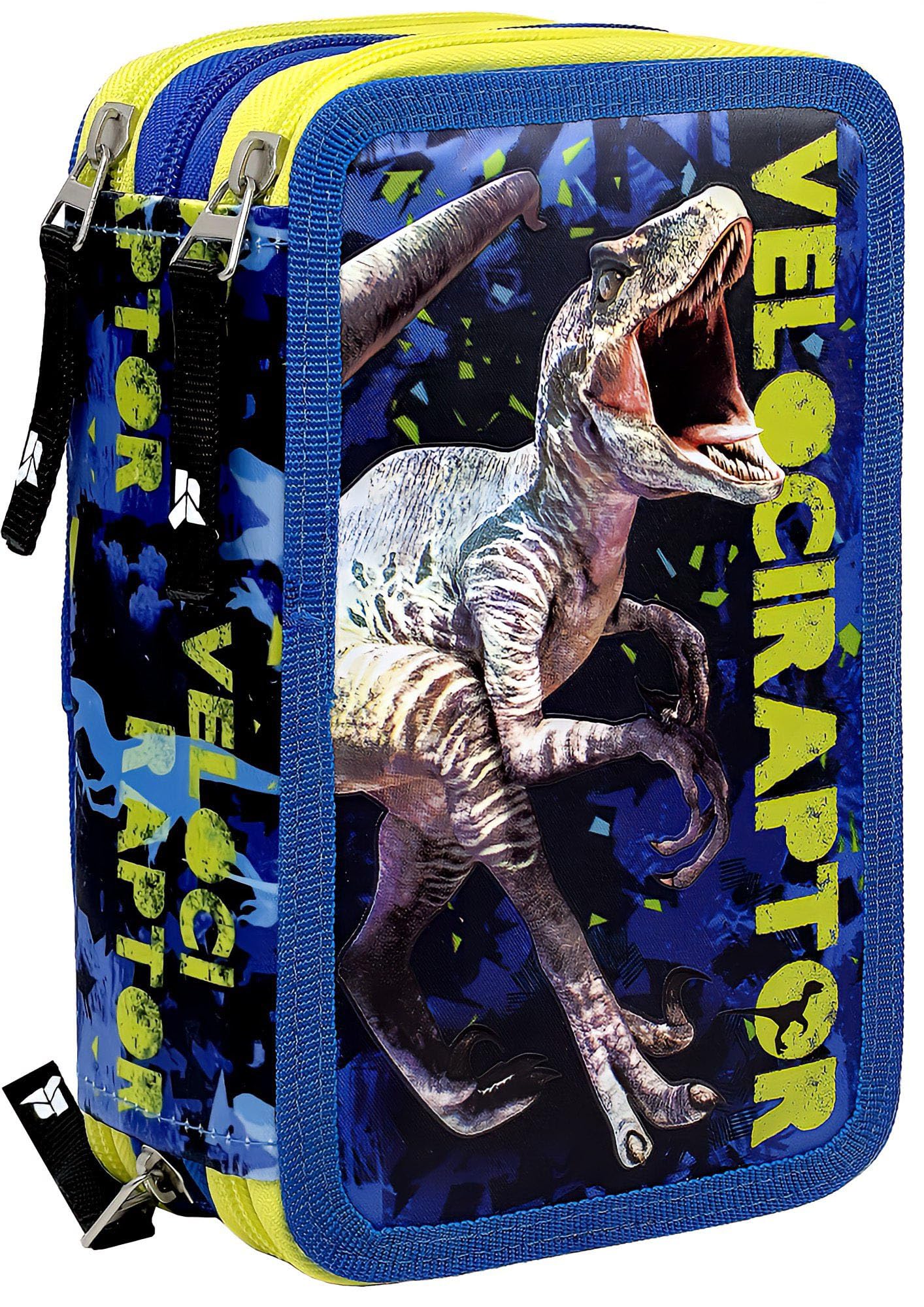 Julian Ross Dinosaurio Velociraptor Estuche Triple Lleno para Niños, Plumier Triple, 45 Accesorios Educación Primaria, 20 Centímetros, 3 Cremalleras, Compartimentos Organizados