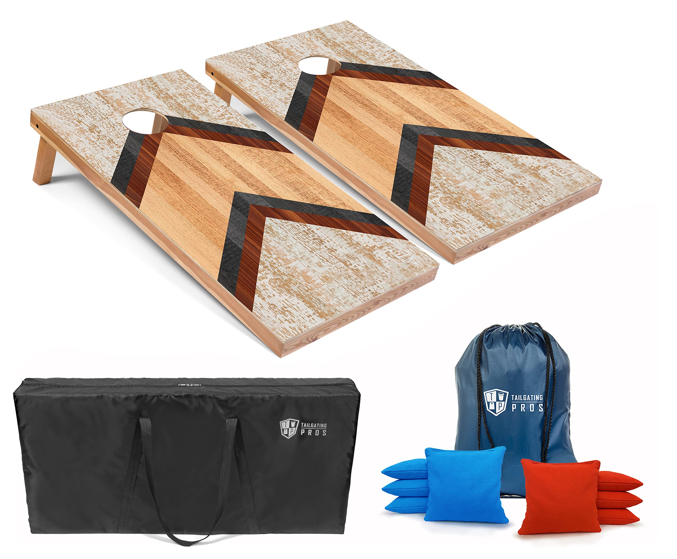 Tailgating Pros Lightweight Cornhole Boards - 4'x2' Modern Wooden Designs Cornhole Game w/Carrying Case & Set of 8 Corn Hole Bean Bags w/Tote