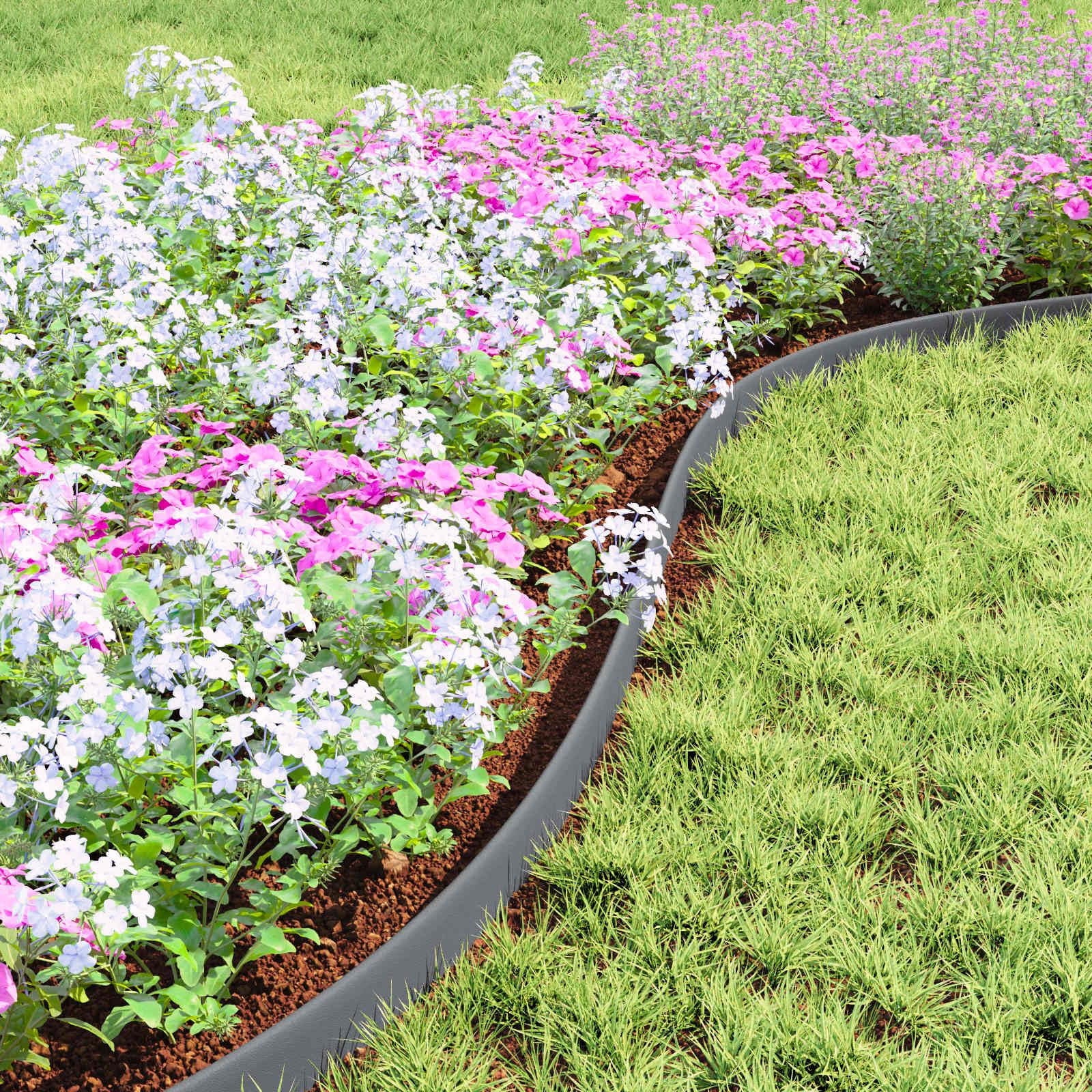 Cantos de césped de plástico gris 5000 x 4 x 5 cm flexibles para jardín, bancal, césped, prado y seto con clavos para un montaje fácil y material resistente a la intemperie para exteriores bien