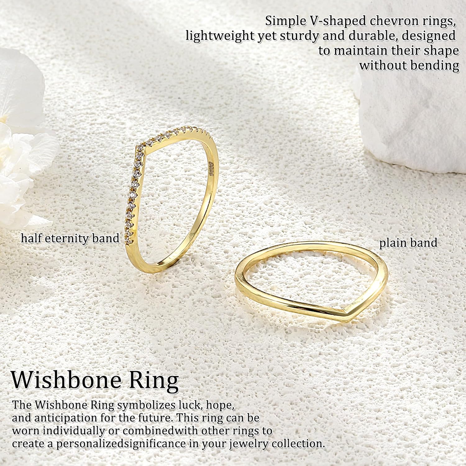Dochais 2PCS Silver Rings for Women 925 Sterling Silver 14k Gold Plated Wishbone Ring Non Tarnish Wedding Bands Stackable Dainty V Shaped Rings CZ Wedding Rings Promise Ring Engagement 5-10 - Image 5