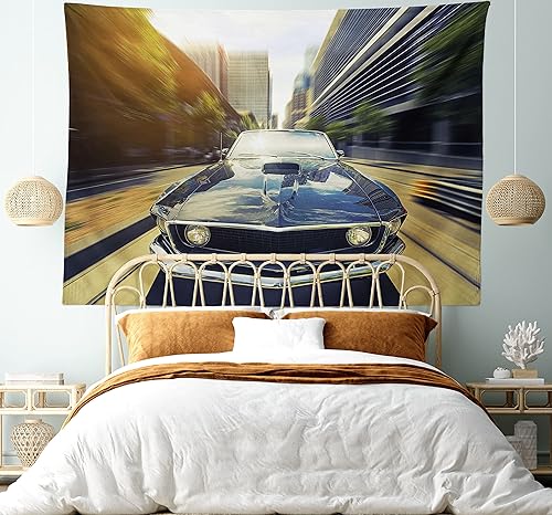 Miniatura 5 de Ambesonne Tapiz retro, auto clásico vintage en calle urbana, imagen nostálgica de auto en la ciudad, para colgar en la pared ancha para dormitorio,