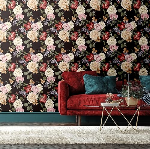 Miniatura 3 de Blooming Wall Papel tapiz autoadhesivo y removible con peonías blancas y rosas rojas y rosas, 14.5 pies cuadradosrollo