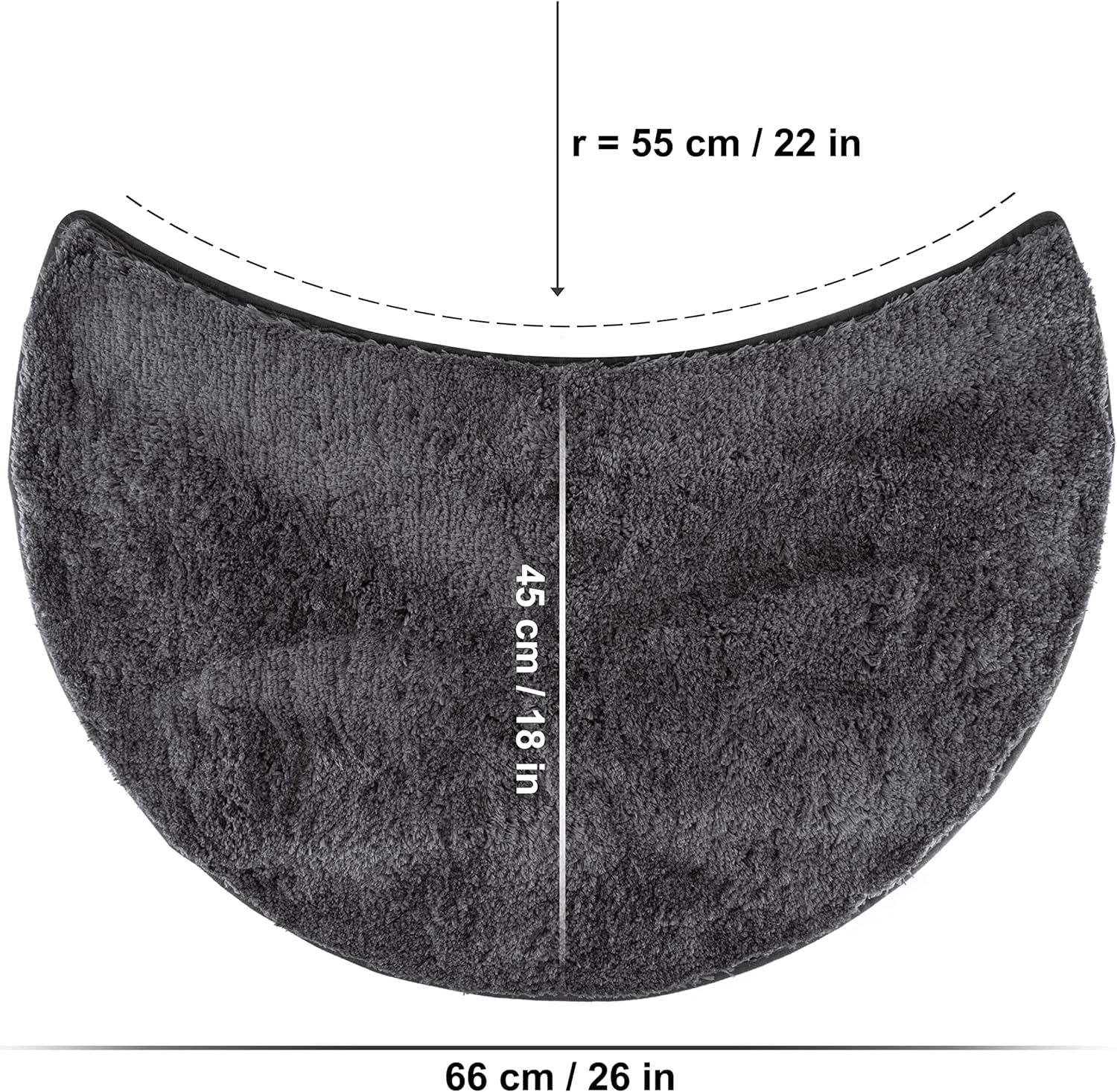 fluffy Bath Mat for Round Showers, Made of Microfiber, with Non-Slip Bottom (Crescent | Shower Radius 21 5/8 inch, Anthracite)