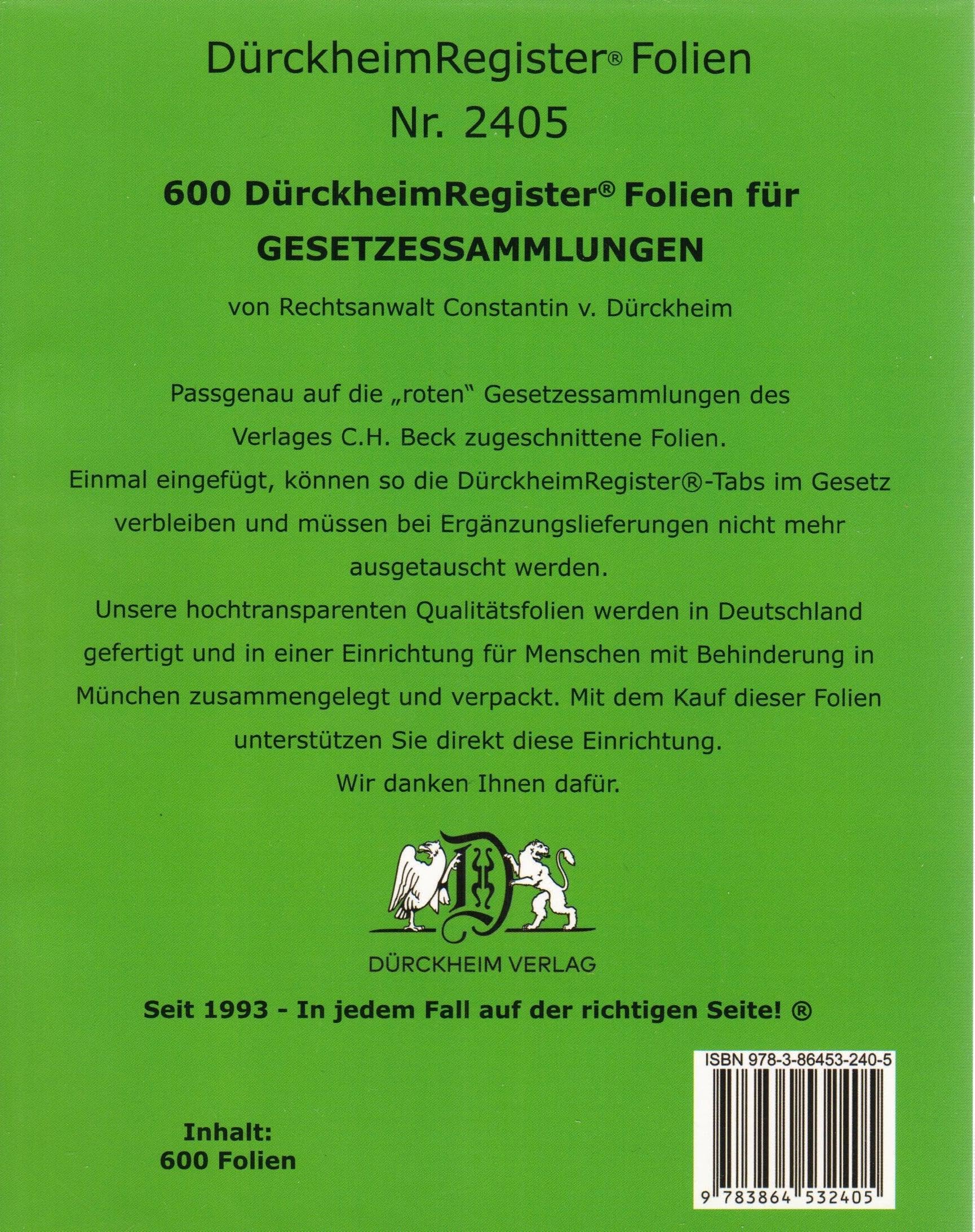 600 DürckheimRegister®-FOLIEN für STEUERGESETZE u.a; zum Einheften und Unterteilen der Gesetzessammlungen: 600 transparente FOLIEN für HABERSACK, ... H. Beck zum Einheften der DürckheimRegister®