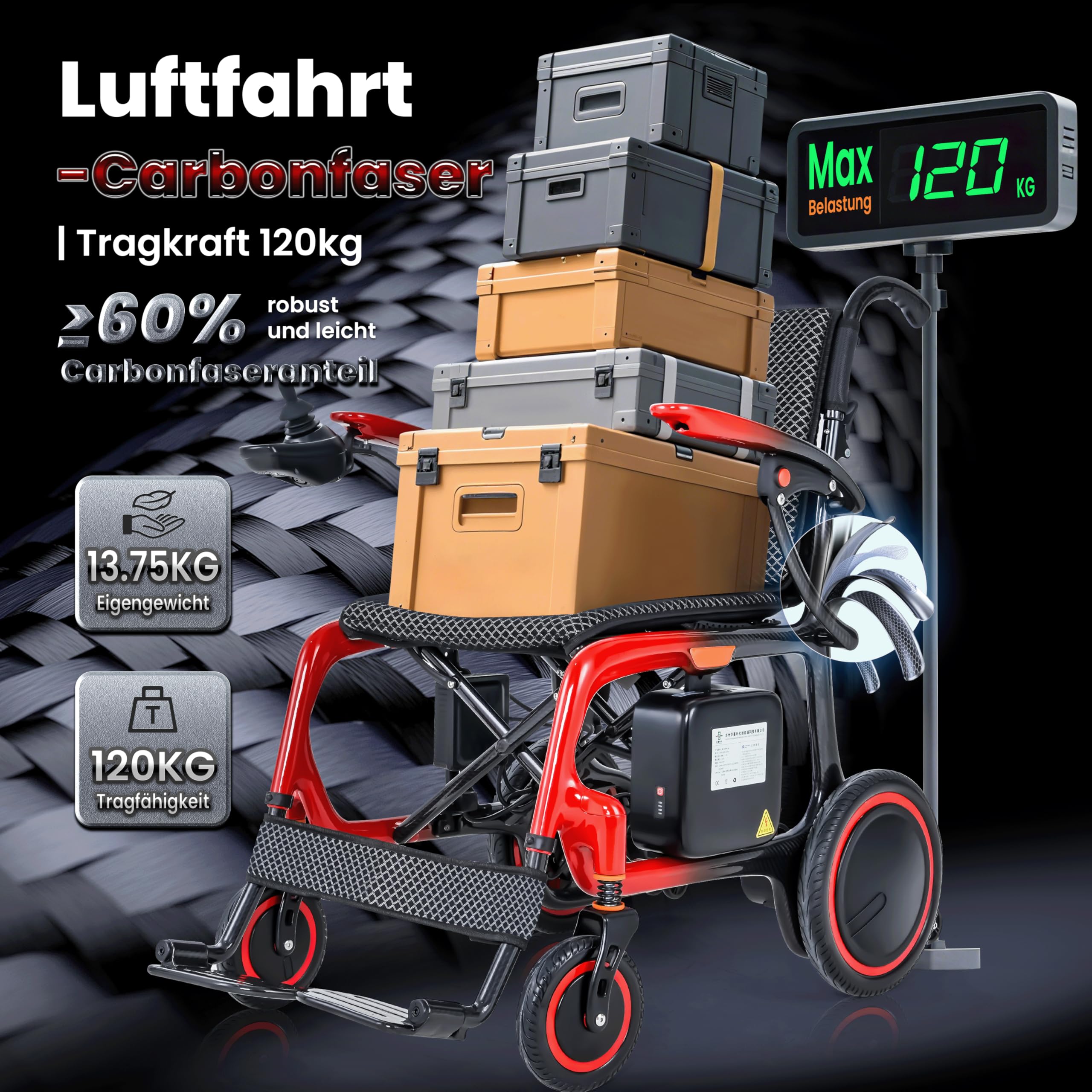 Silla de ruedas eléctrica plegable, solo pesa 13 kg, 2 pilas de 12 Ah, silla de ruedas eléctrica, 45 km de alcance, silla de ruedas de fibra de carbono de alta calidad, con cojín de asiento