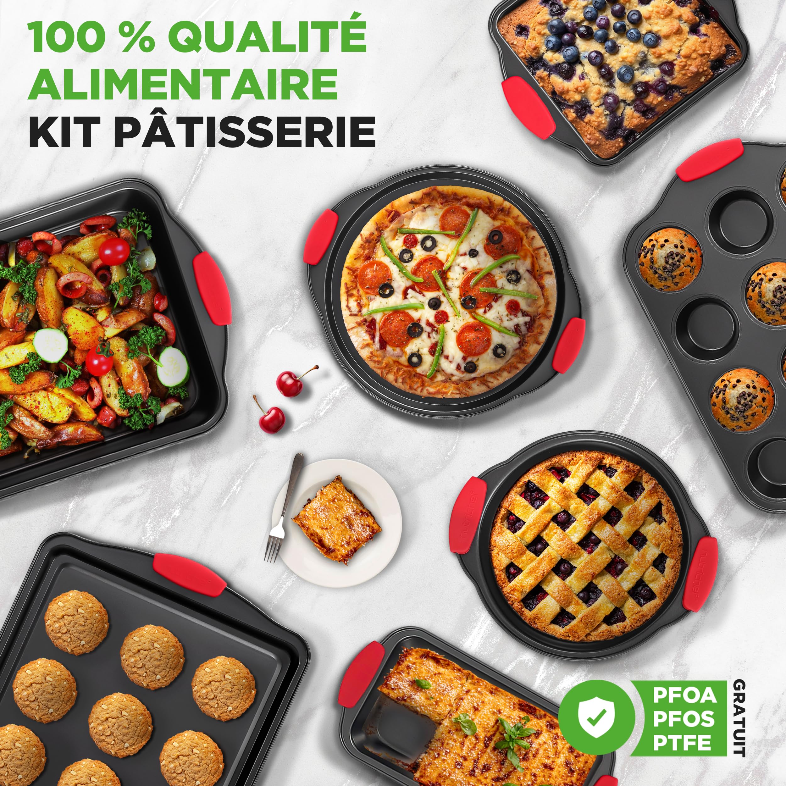 NutriChef Moules à Pâtisserie - Set de 8 Plateaux de Cuisson Antiadhésif en Acier au Carbone - Plateaux Empilables - Inclut Plaques à Biscuits, Moule à Cake, Pizza, Muffins et Gâteau - Noir