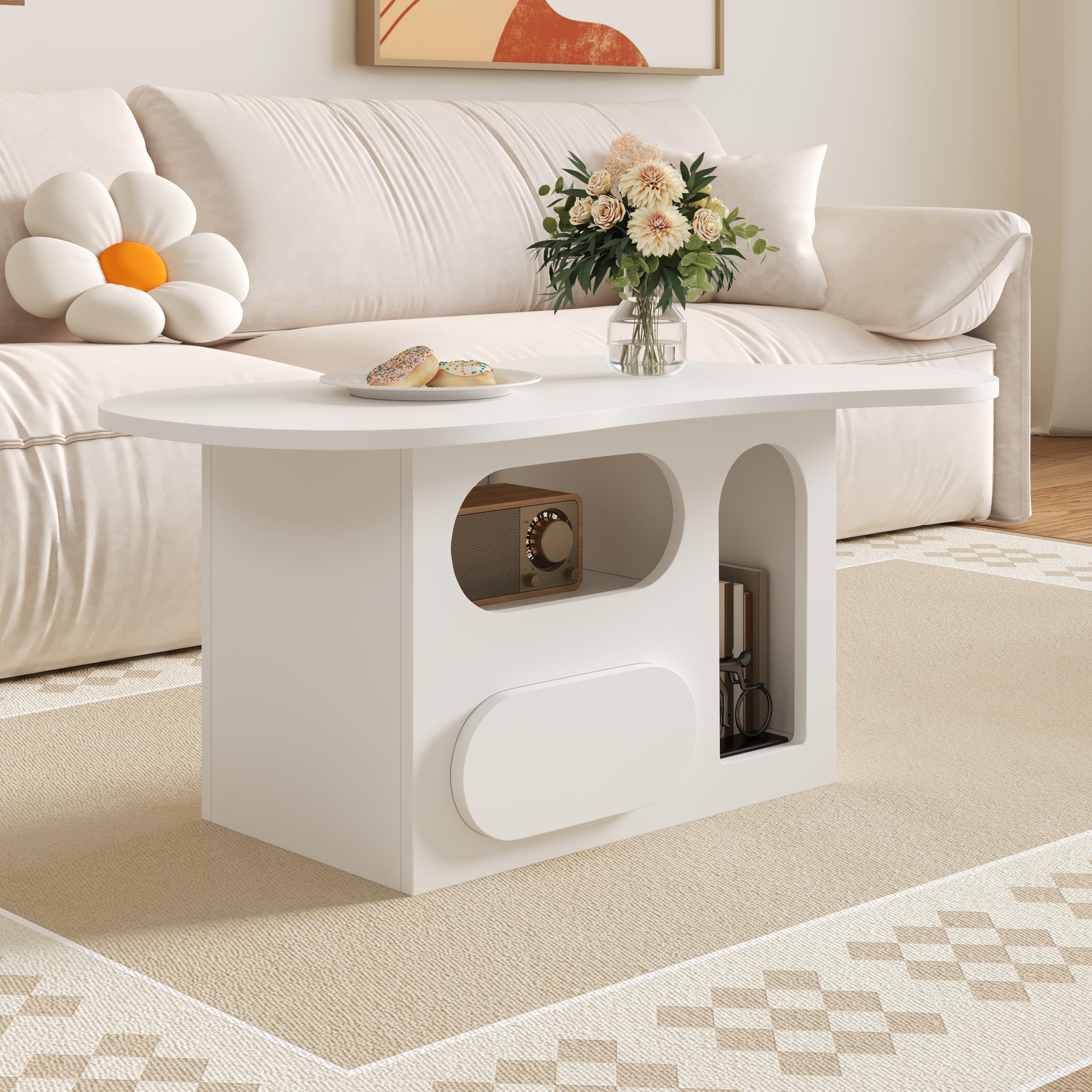 Couchtisch Weiß, Couchtisch mit Schublade, Wolkenförmiger Wohnzimmertisch mit Offenen Ablagefächern, 97x45x43.5cm