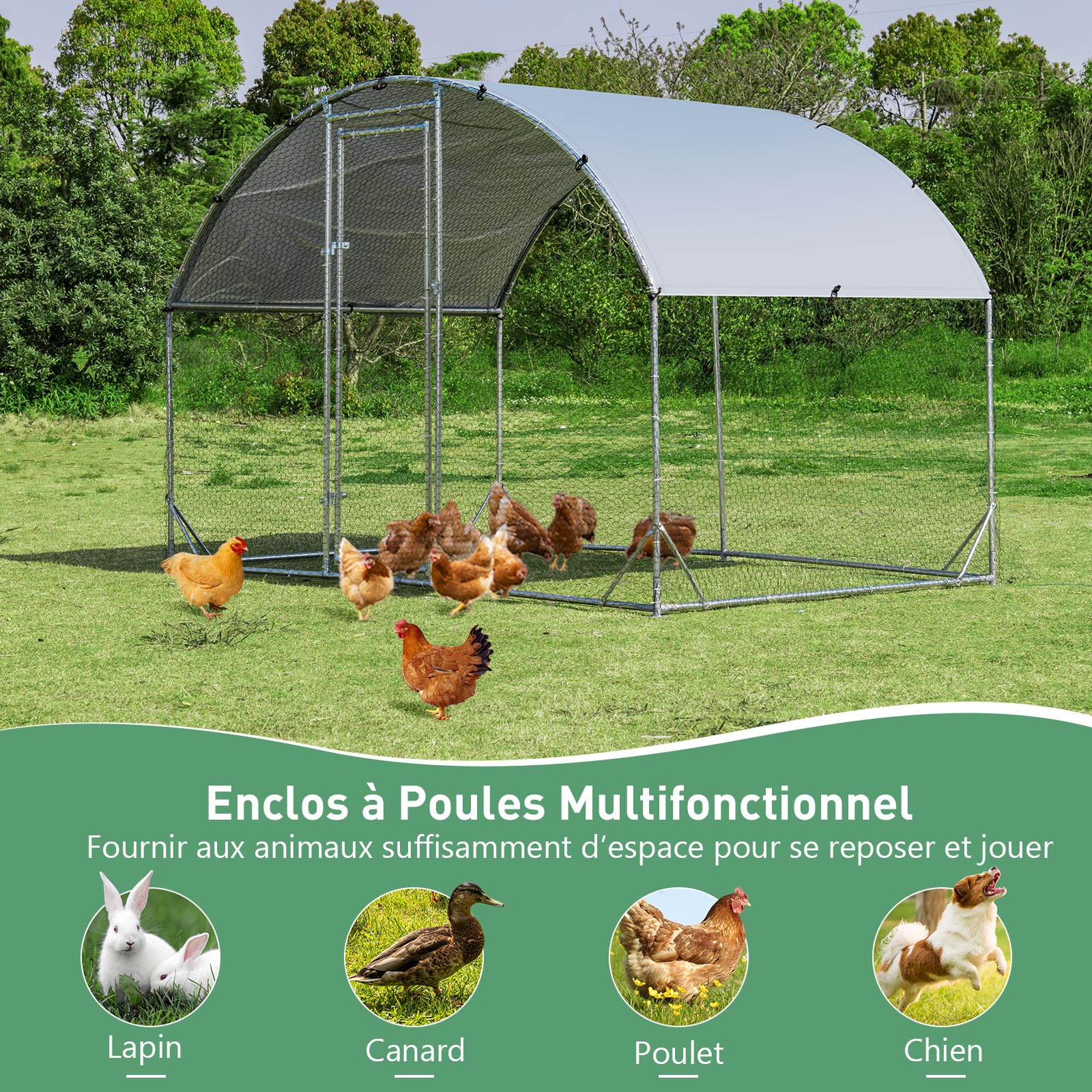 GOPLUS Grand Poulailler en Métal, Cage à Volaille avec Toit Résistant en Dôme, Porte Verrouillable pour Lapins, Poulets, Chiens et Canards, Enclos d’Animaux 190 X 280 X 195 CM pour Ferme, Cour