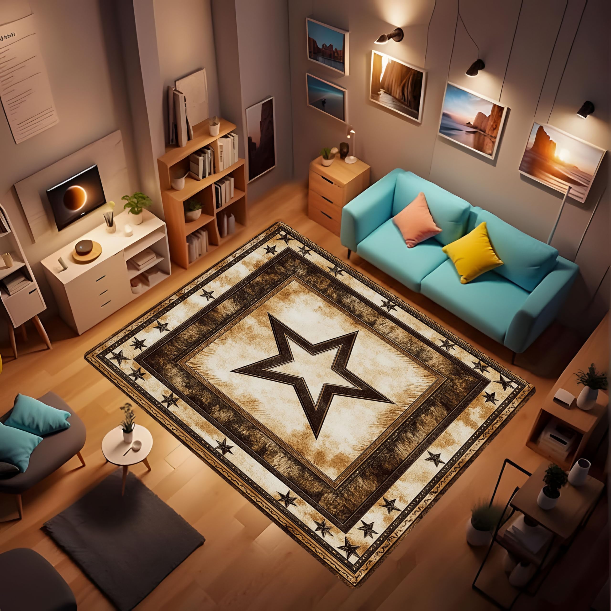 Vintage Country Western Texas Star Modern Area Rug, Rustic Farmhouse Rug Original Carpet Non-Slip Washable Floor Mat Doormat Carpet for Living Room