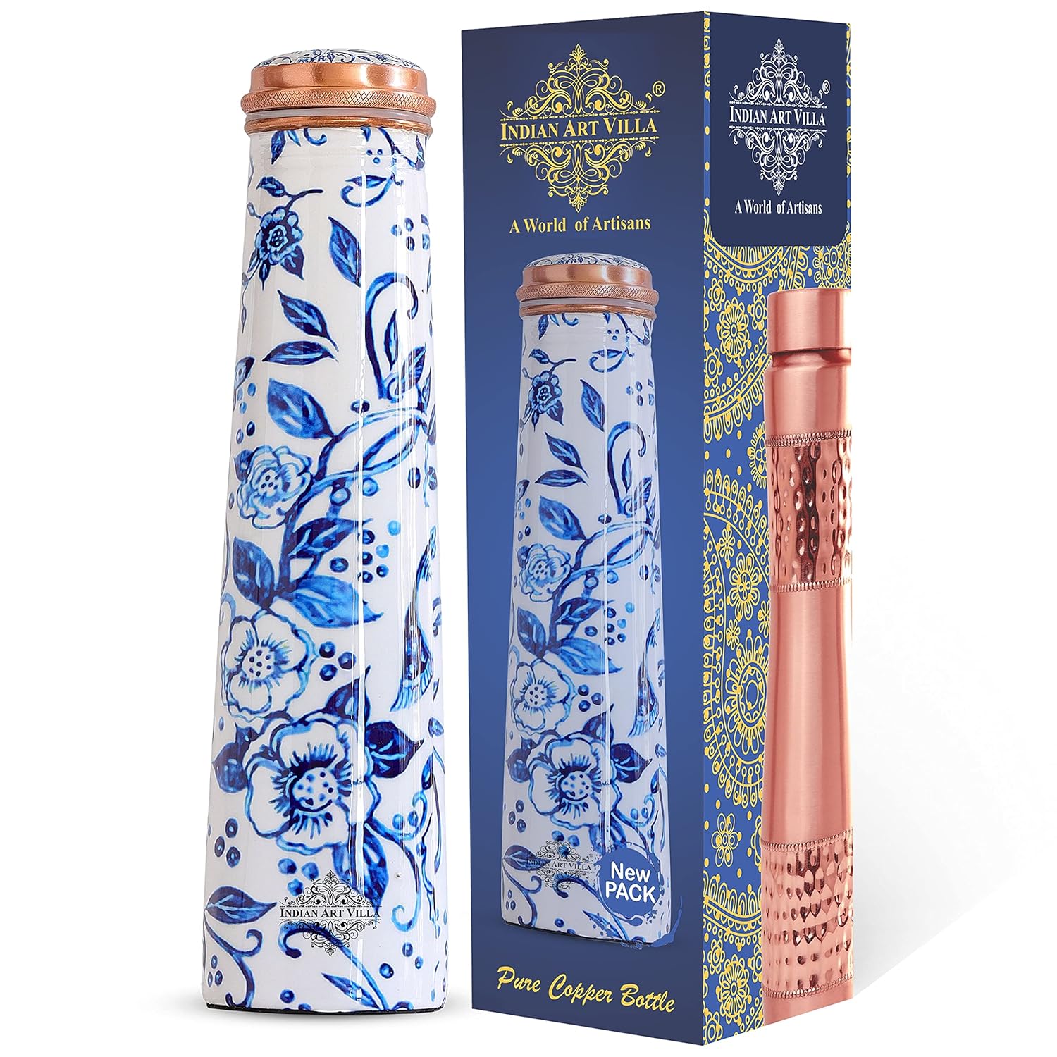Indian Art Villa Copper Tube Slim Water Bottle With White Floral Print Drinkware Volume - 25 Oz