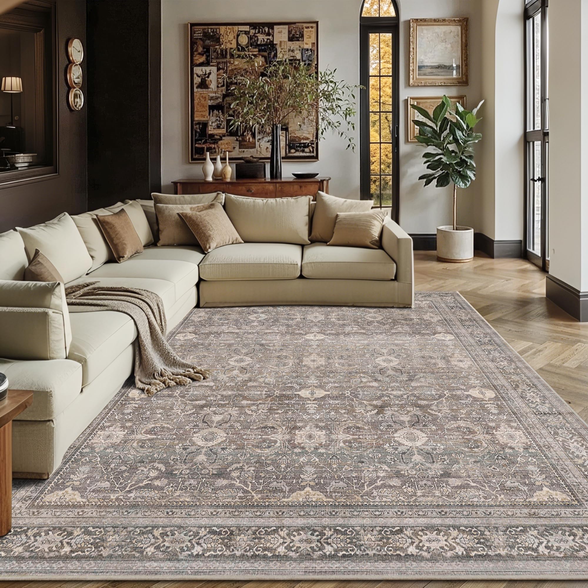 Photo 1 of Schweek 9x12 Washable Area Rug Taupe Neutral Vintage Distressed Rugs Large Non-Slip Living Room Area Rugs, Soft Low Pile Carpet Indoor Mat Throw Rug for Bedroom Dining Room Office Nursery