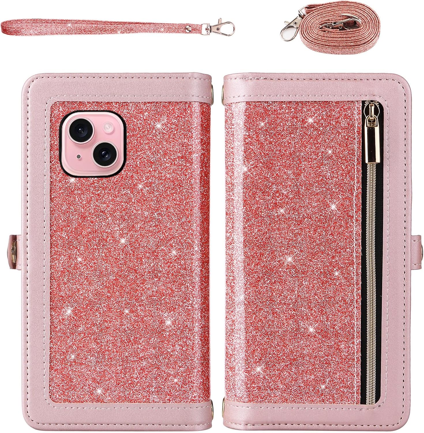 Asuwish Phone Case for iPhone 15 6.1 inch Zipper Wallet Detachable Cell Cover with Tempered Glass Screen Protector Strap Bling Glitter Flip Card Holder Slot i Phone15 i15 15Case Women Men Girls Pink