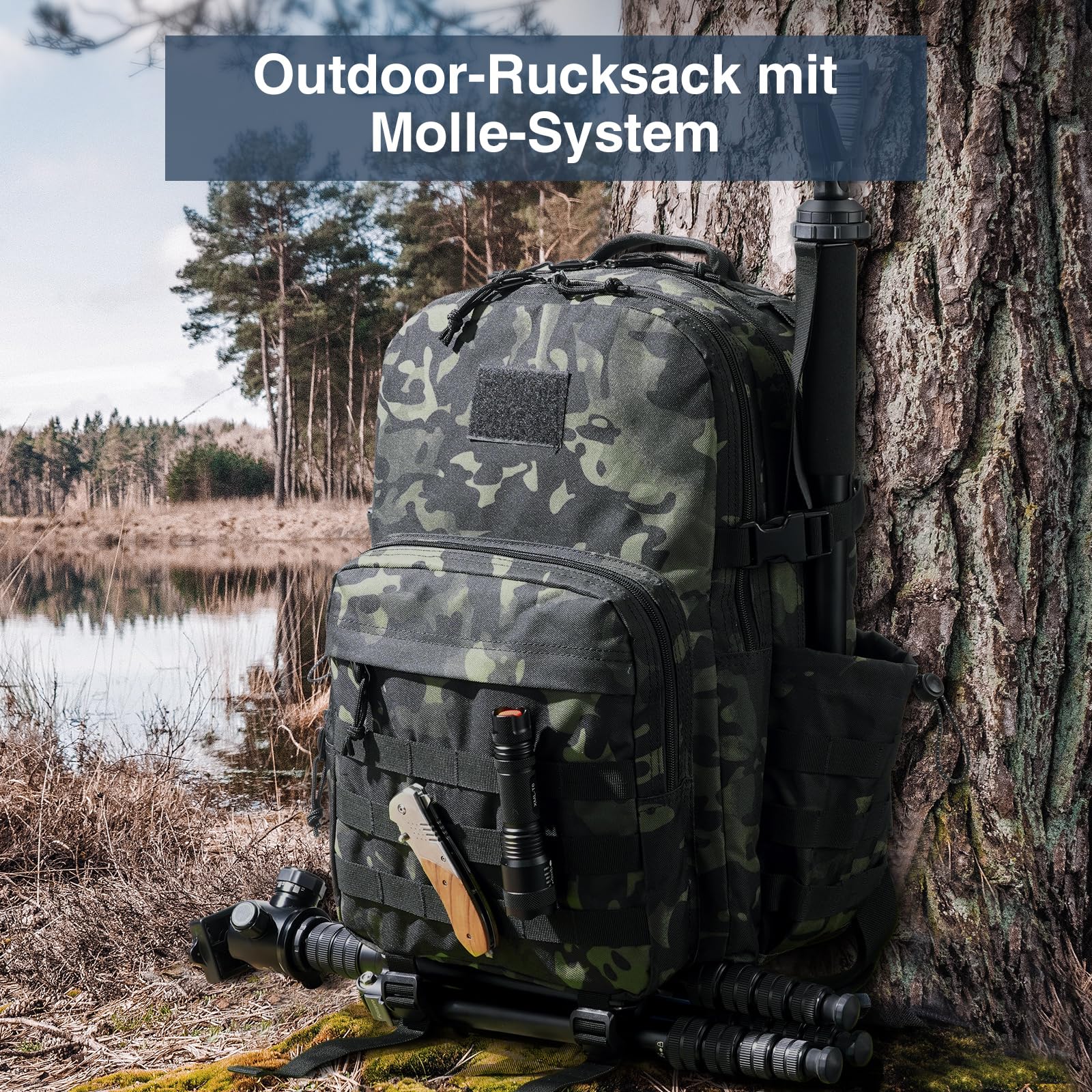 Taktischer Rucksack, 40 L Militär Outdoor Rucksack, großer Tagesrucksack für Herren und Frauen, Wanderrucksäcke mit Wasserflaschentasche