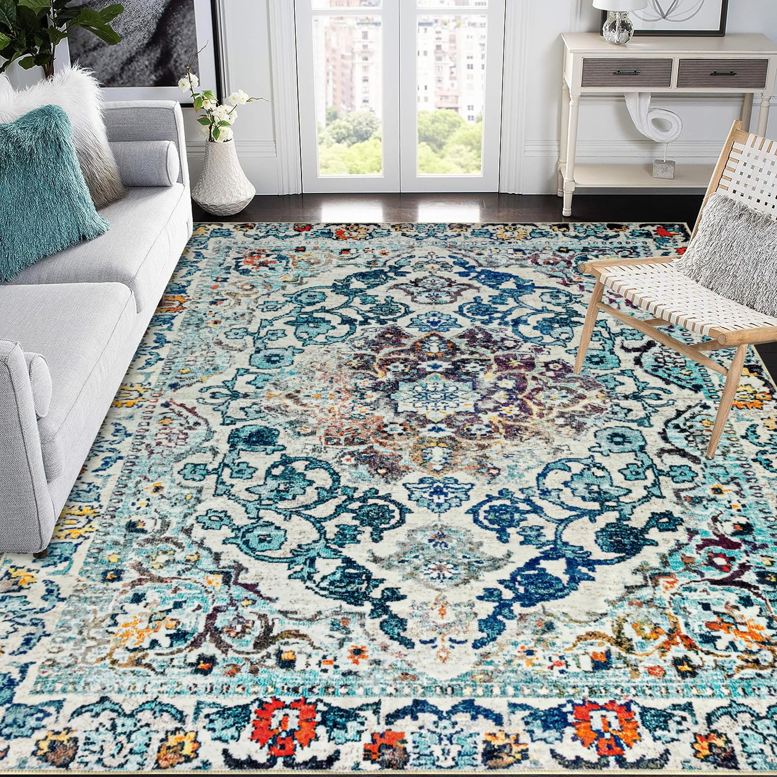 Tapis bohème lavable léger et résistant multicolore vintage