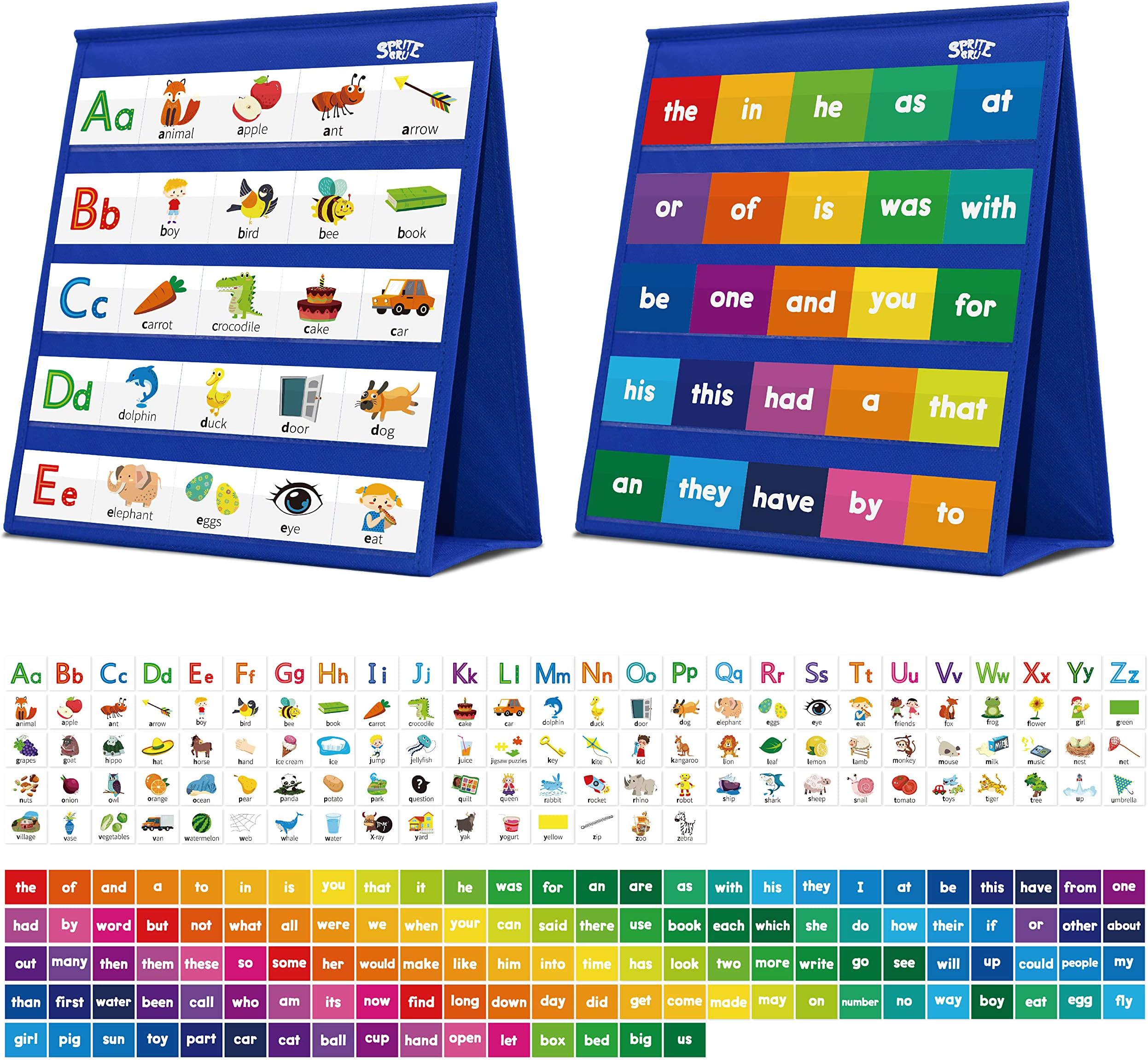 Desktop Pocket Chart, 120 Dry-Erase Double Sided Cards Includes 26 Letters with Images and 120 First Words, Self-Standing Tabletop Pocket Chart for Kids Teacher Classroom Home Use (13 X 12inch)