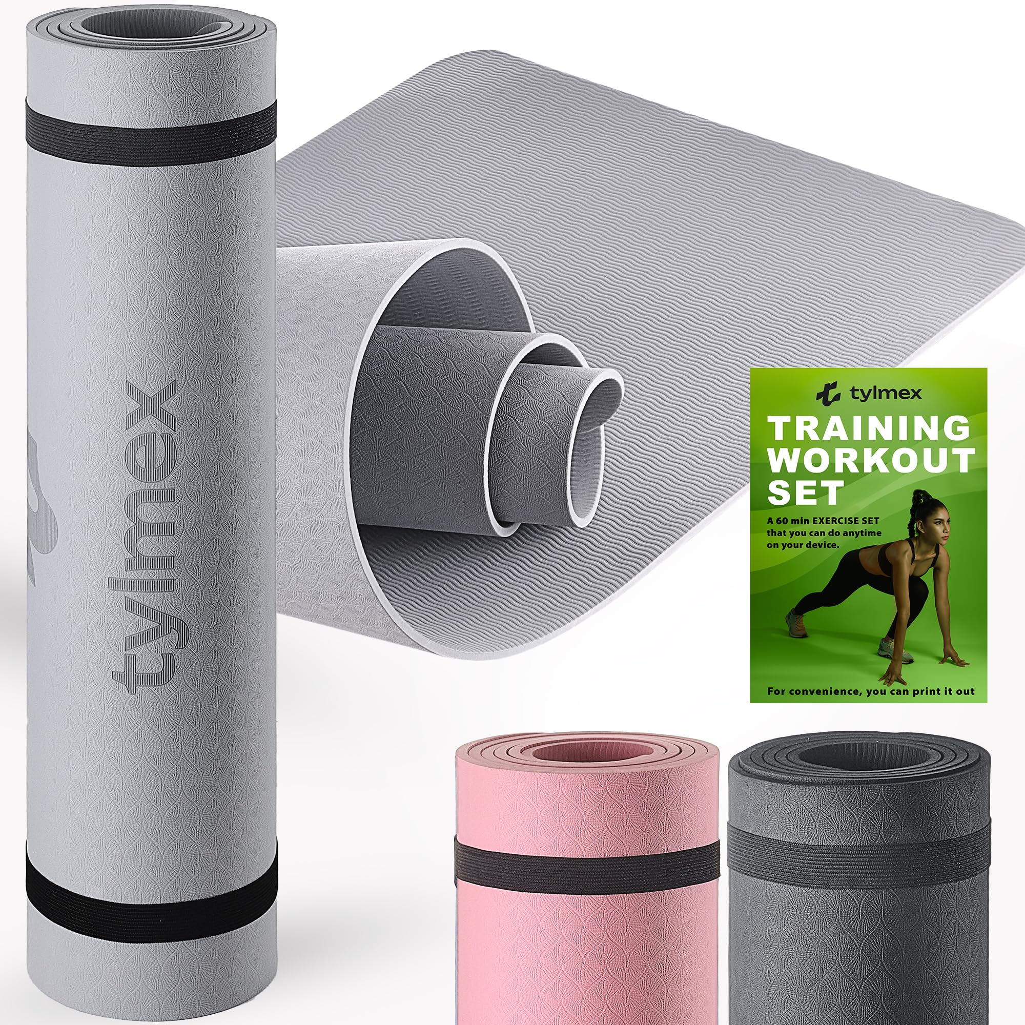 Tylmex Nero Tappetino da yoga in TPE Antiscivolo - Con tracolla e tracker spessore - tappetino sportivo - tappetino da yoga - tappetino da ginnastica per allenamento e allenamento a casa