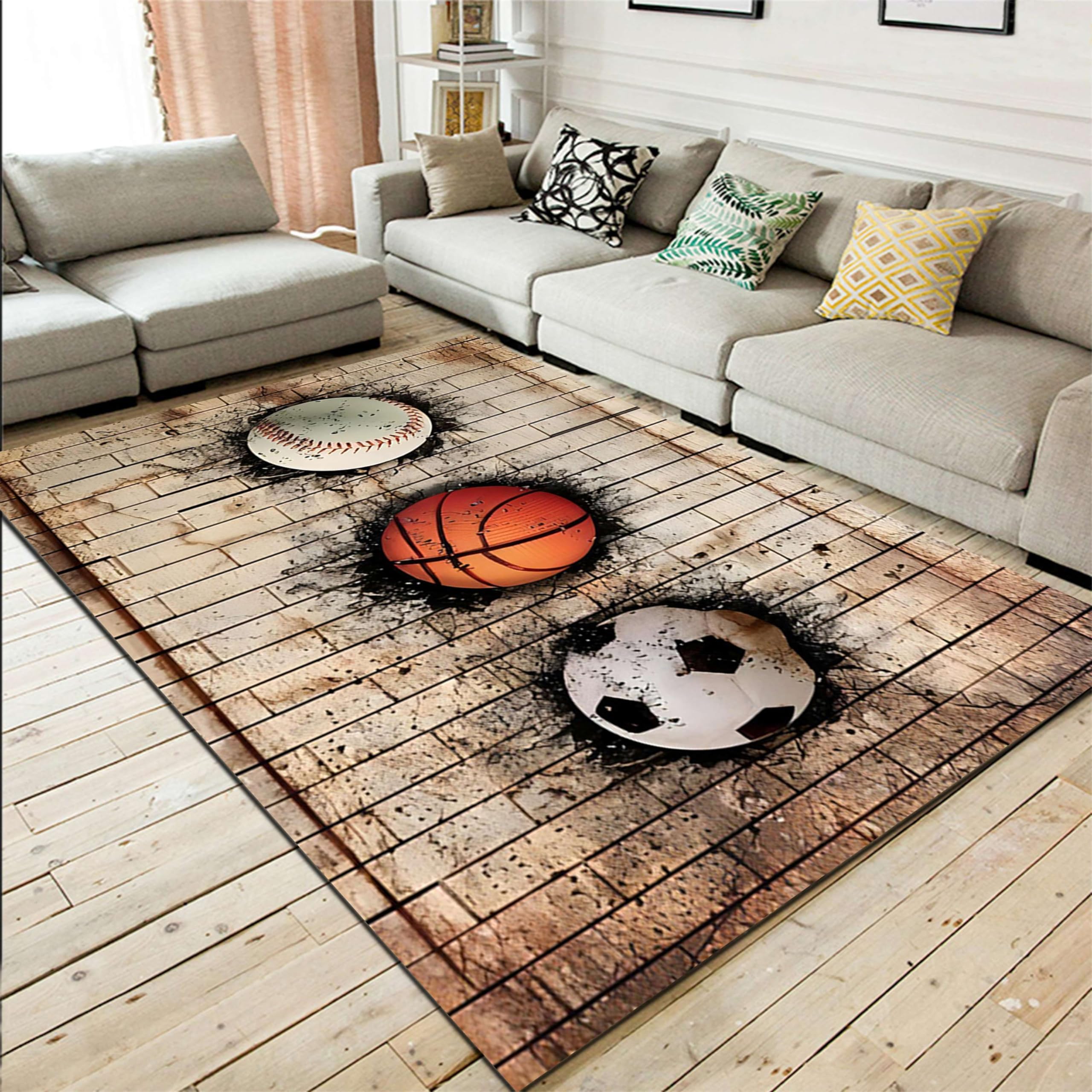 Houient Football Area Rug, 6x8ft, 3D Sports Mat Printed Wooden Board Baseball Rug Football Rugs Basketball Rugs Children's Room Carpet Floor Mat, for