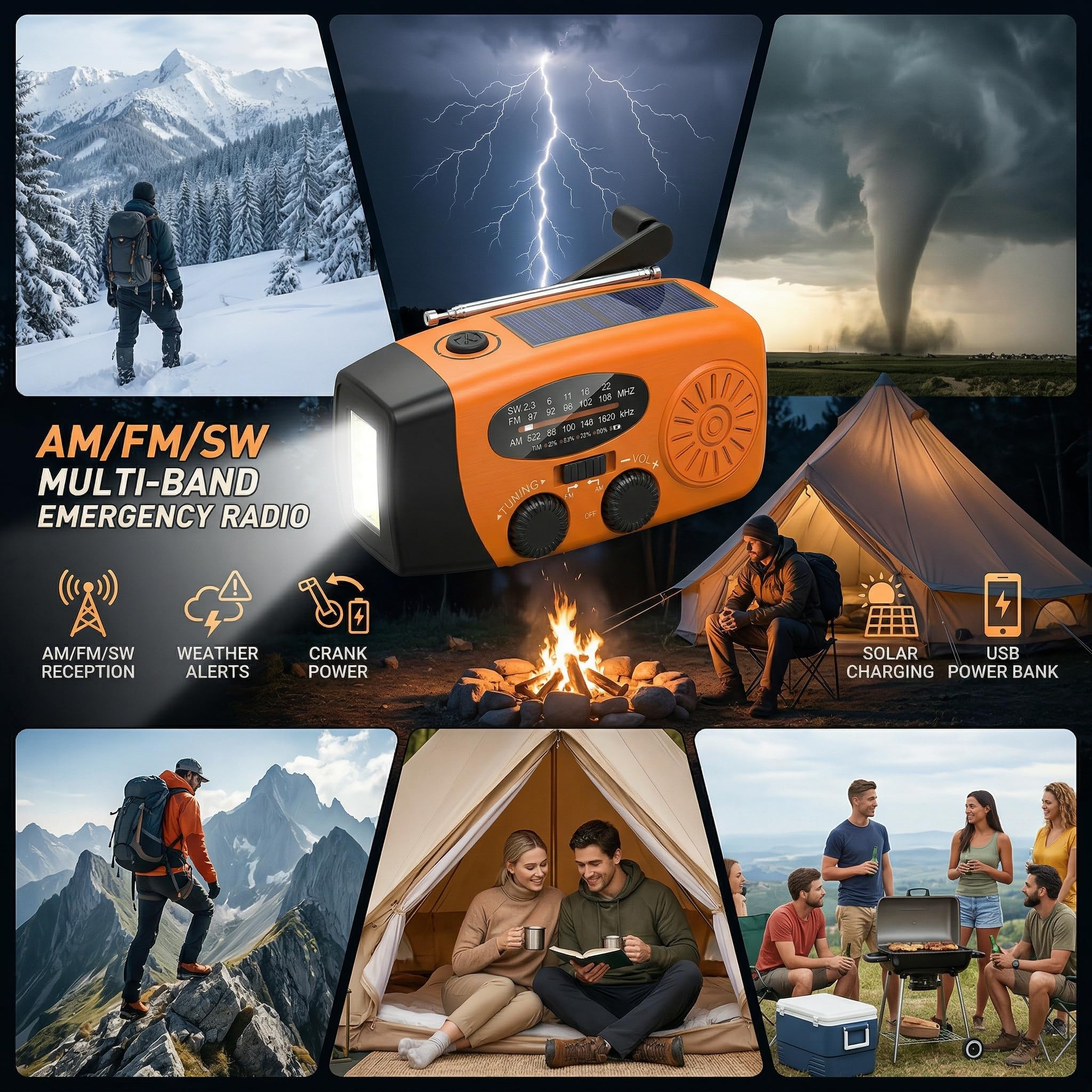 Notfallradio, Kurbelradio mit 2000mAh Power Bank & Solar, AM/FM Radio mit SOS-Alarm Leselicht, Innen Außen Camping