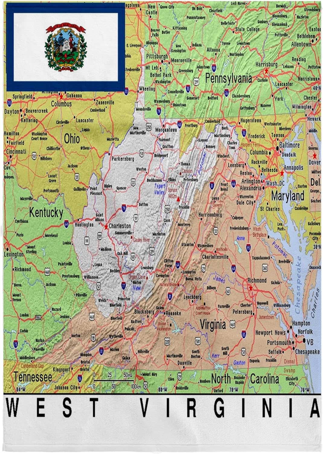3dRose Image of West Virginia Topographic Map with Flag 22x30 Bath Hand Pool Towel
