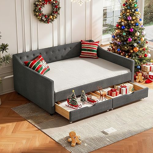 Full Size Upholstered Daybed with Two Storage Drawers,Tufted Sofa Bed w/Button on Back and Piping on Waved Shape Arms for Bedroom Guest Room, No Box Spring Needed,Dark Grey