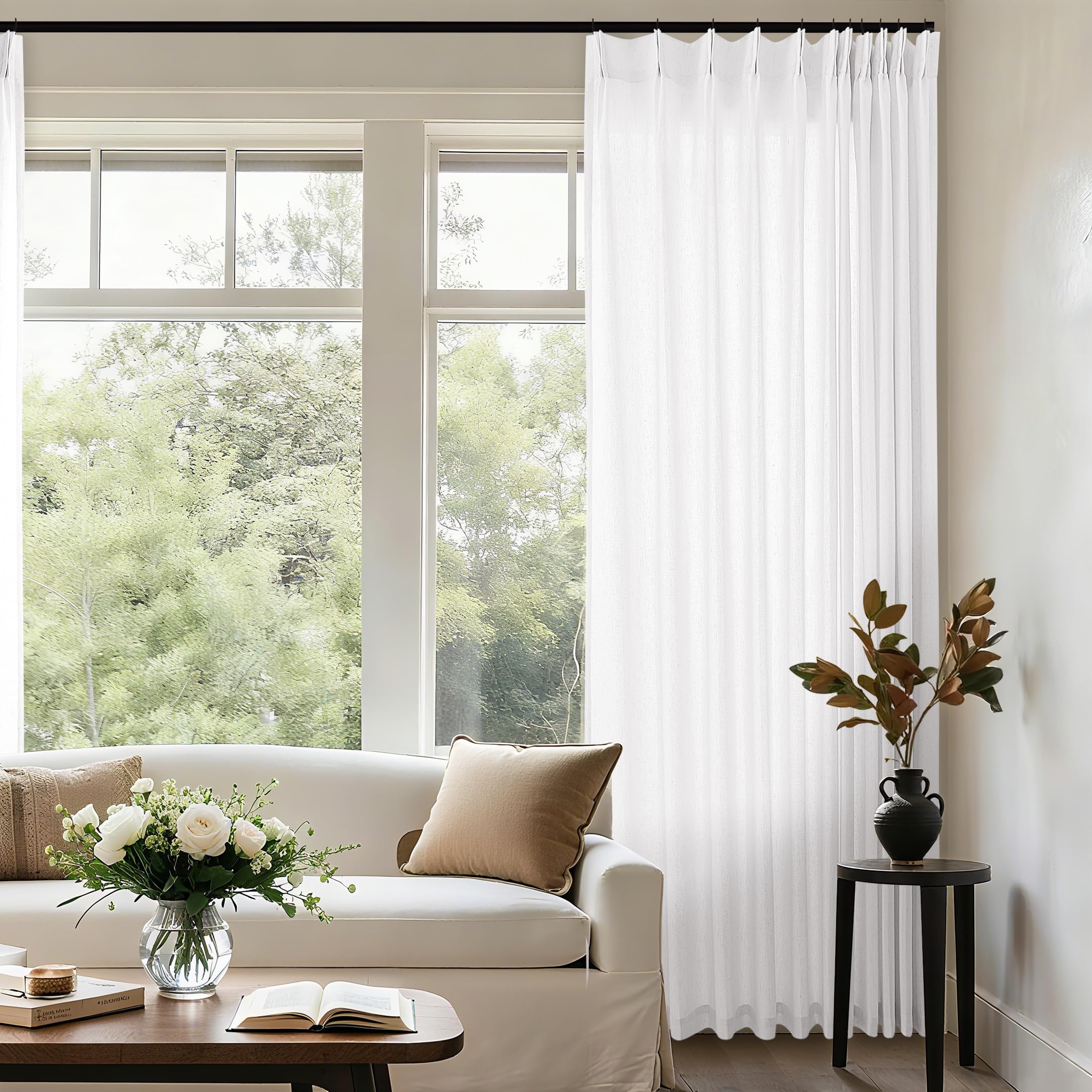 Pinch Pleated Linen 102 Inch Curtain 72 Inch Width for Living Room Divider Light Filtering Semi Sheer Ivory White Extra Wide Patio Curtain for Sliding Door Balcony Floor to Ceiling Picture Window โ image 1