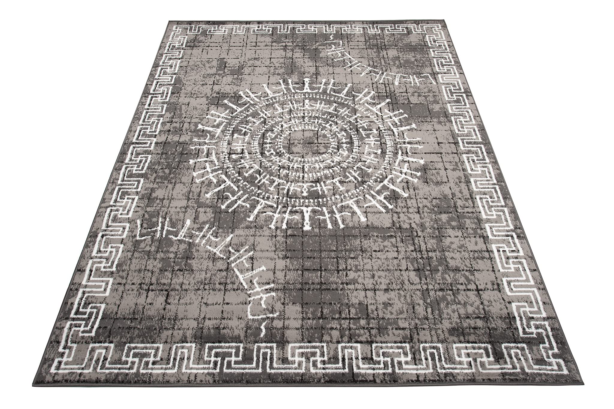 TAPISO Patras Tapis Poils Ras Moderne Blanc Gris Noir Motif Grec Rayures Bordure Tapis Salon Chambre Adulte Salle à Manger Bureau Oeko-TEX Résistant 140 x 200 cm