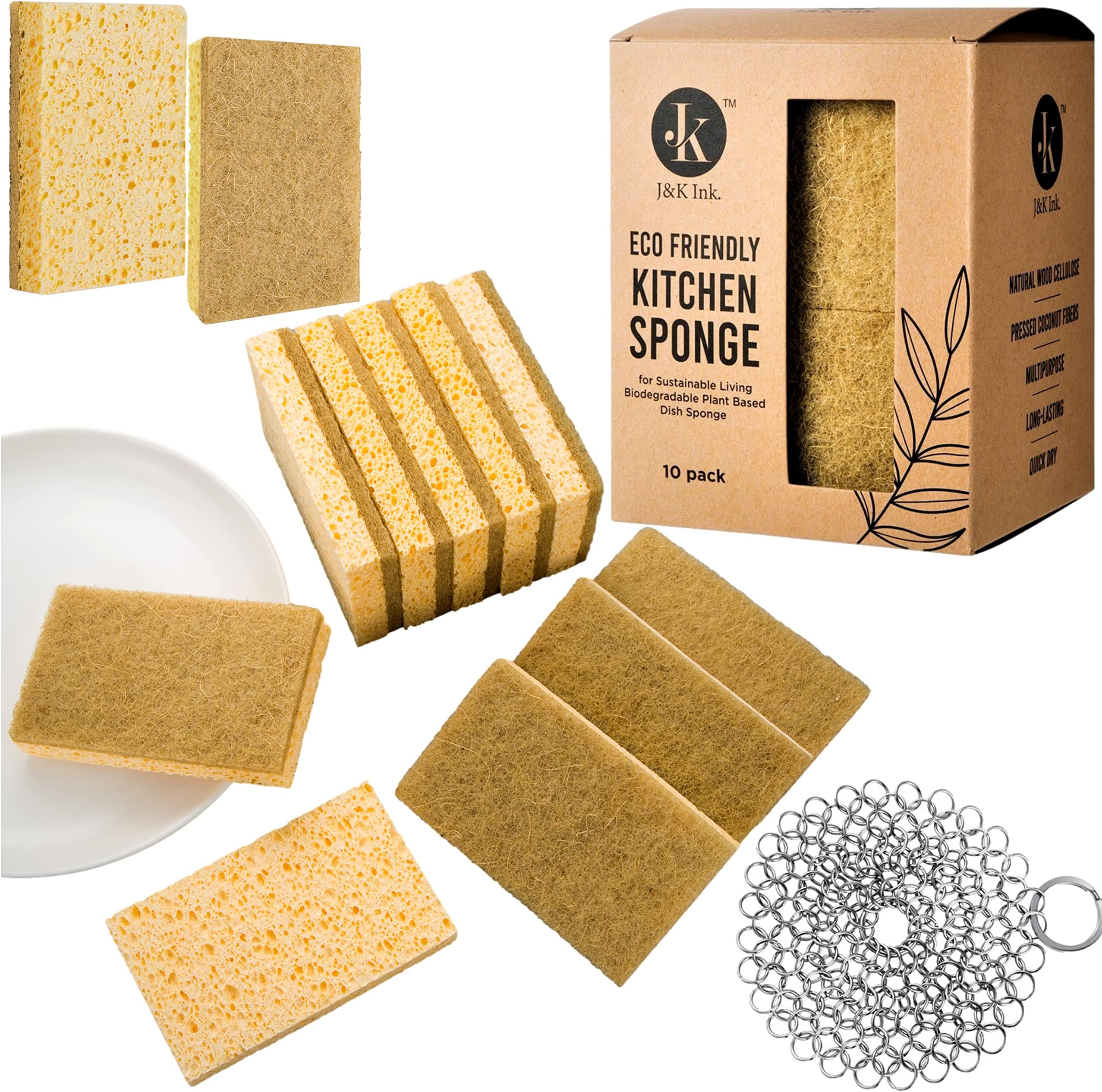 J&K Ink Natural Kitchen Sponges for Washing Dishes - 10 Pack Eco Friendly Cellulose Sponges with Coconut Fibers, Plant Based Biodegradable Scrubber Pads for Sustainable Living And 1 Chainmail Scrubber