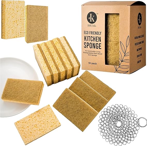J&K Ink Natural Kitchen Sponges for Washing Dishes - 10 Pack Eco Friendly Cellulose Sponges with Coconut Fibers, Plant Based Biodegradable Scrubber Pads for Sustainable Living And 1 Chainmail Scru...
