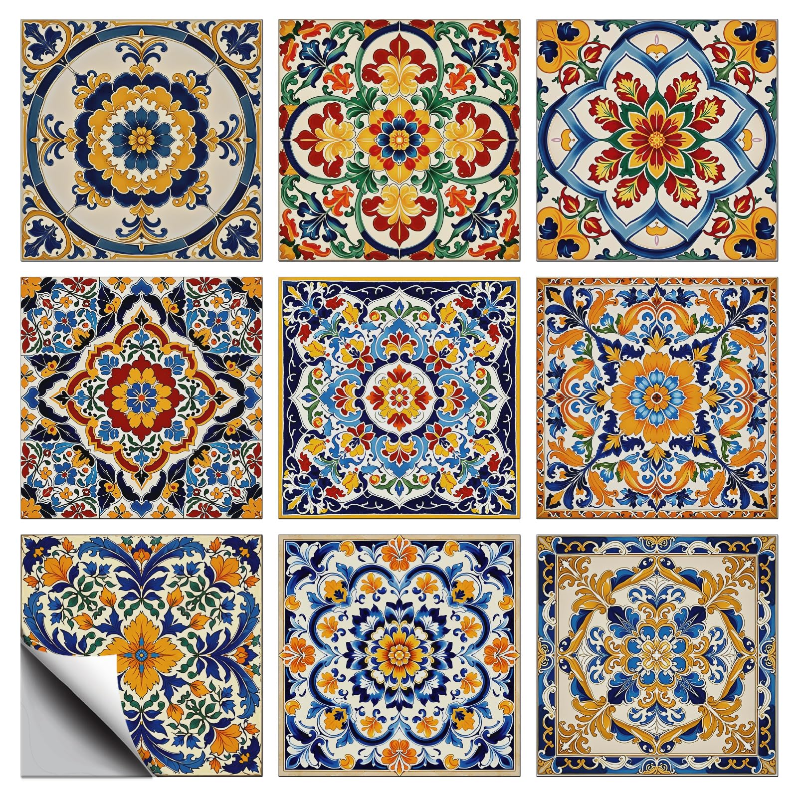 CONCHLERY 36 Pcs 9 Styles Spanish Vintage Retro Floral Patten Tile Sticker Colorful Flowers Patten Wall Tile Stickers Waterproof Self Adhesive Stick on Decals for Kitchen Bathroom Wall Art 4×4 Inch — image 1