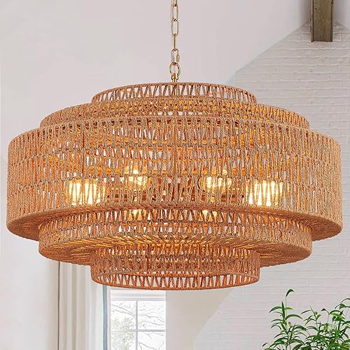 Miniatura 19 de Candelabro de Ratán Tejido a Mano para Comedor Candelabro Bohemio de 20 Pulgadas Candelabros de Bambú Estilo Granja 4 Luces Lámparas Vintage Oro