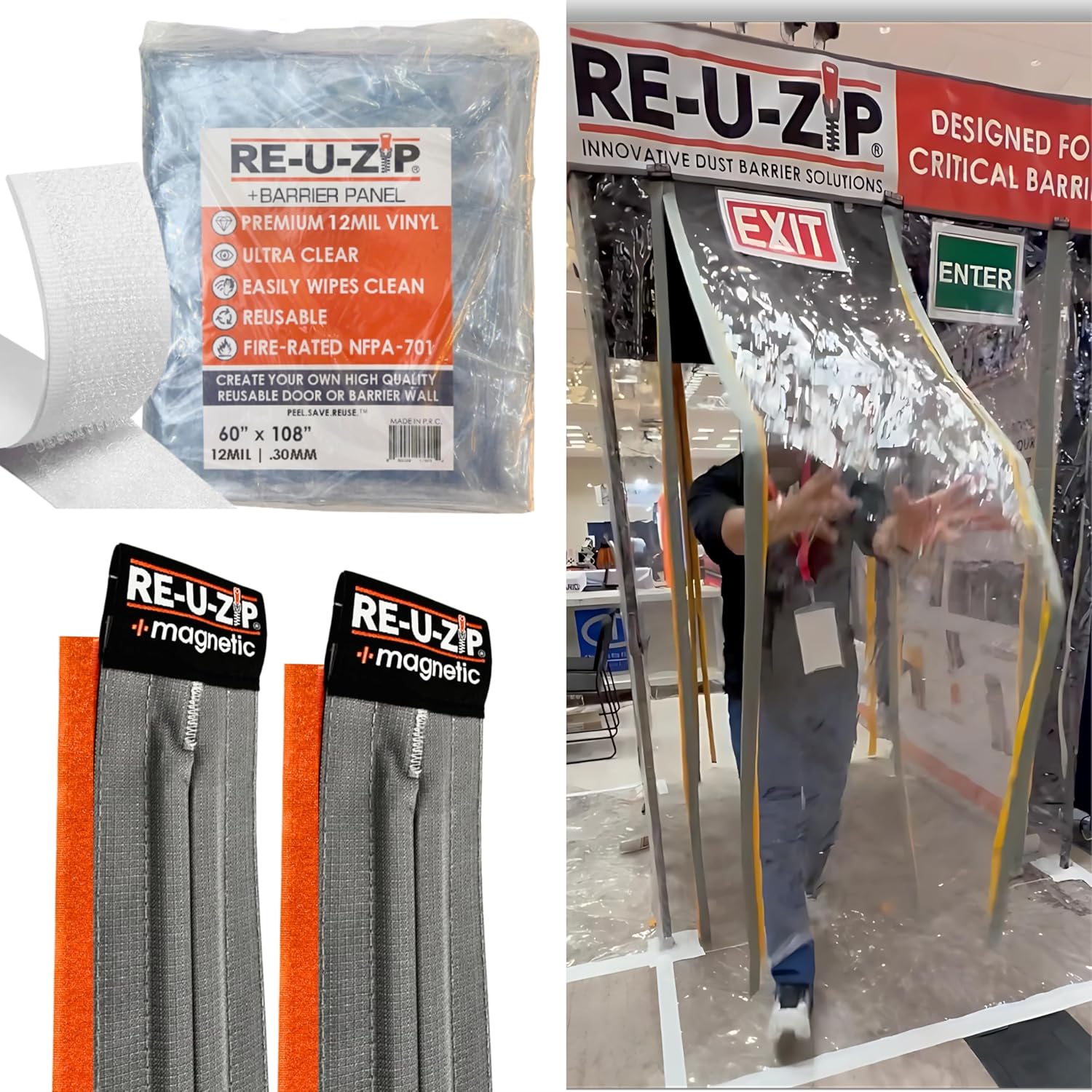 RE-U-Zip Heavy-Duty Ultra-Clear Magnetic Entry Strip Flap Door Kit | Customizable 5 x 9 Cut-to-Size | 12 Mil FR Vinyl | Negative-Air Resistant and Reliable for Cleanrooms, Construction, Remodeling