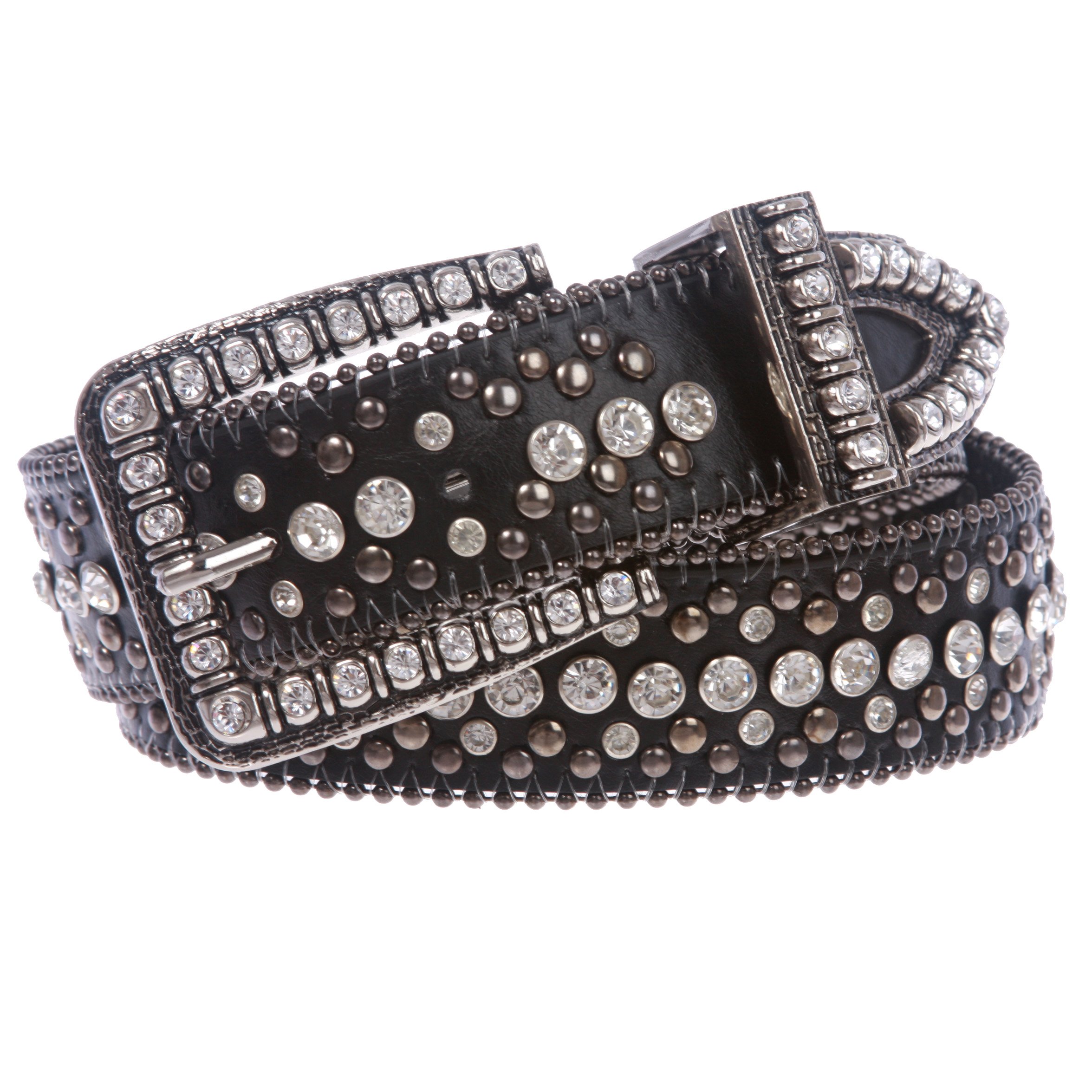 Cowgirl Western Rhinestone Studs Rectangular Bling Belt, Black | 36