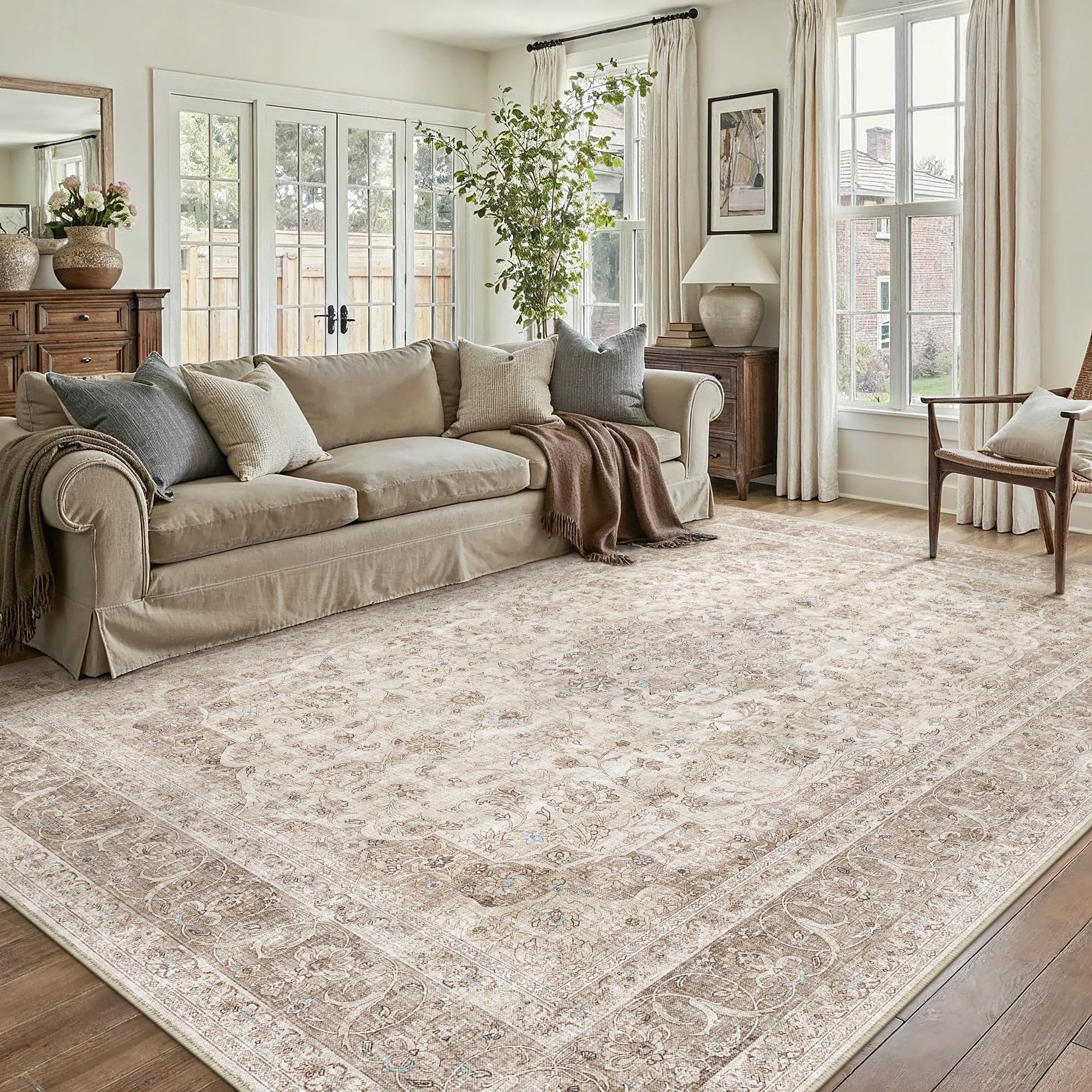 PureCozy Vintage Living Room Area Rug, 200x300cm Machine Washable Non Slip Traditional Large Cream Rugs for Bedroom Dining Room Office, Stain Resistant Printed Beige Carpet for Indoor Home — image 1
