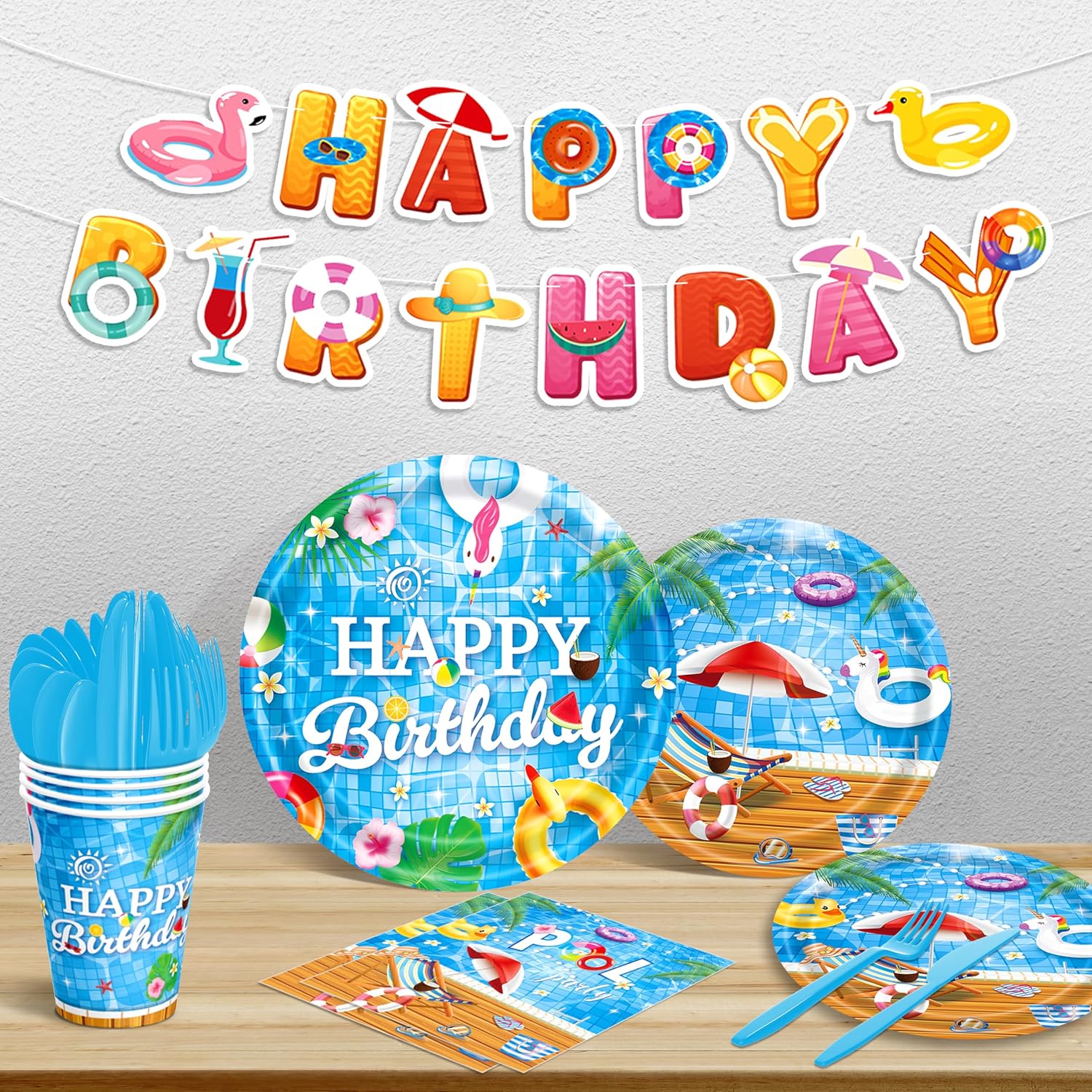 Pool Party Decorations, Summer Beach Pool Themed Birthday Party Supplies with Dinnerware Plate Napkin Cup Balloon Kit Backdrop Tablecloth for Swim Water Bash Luau Tropical Hawaii Party Decor