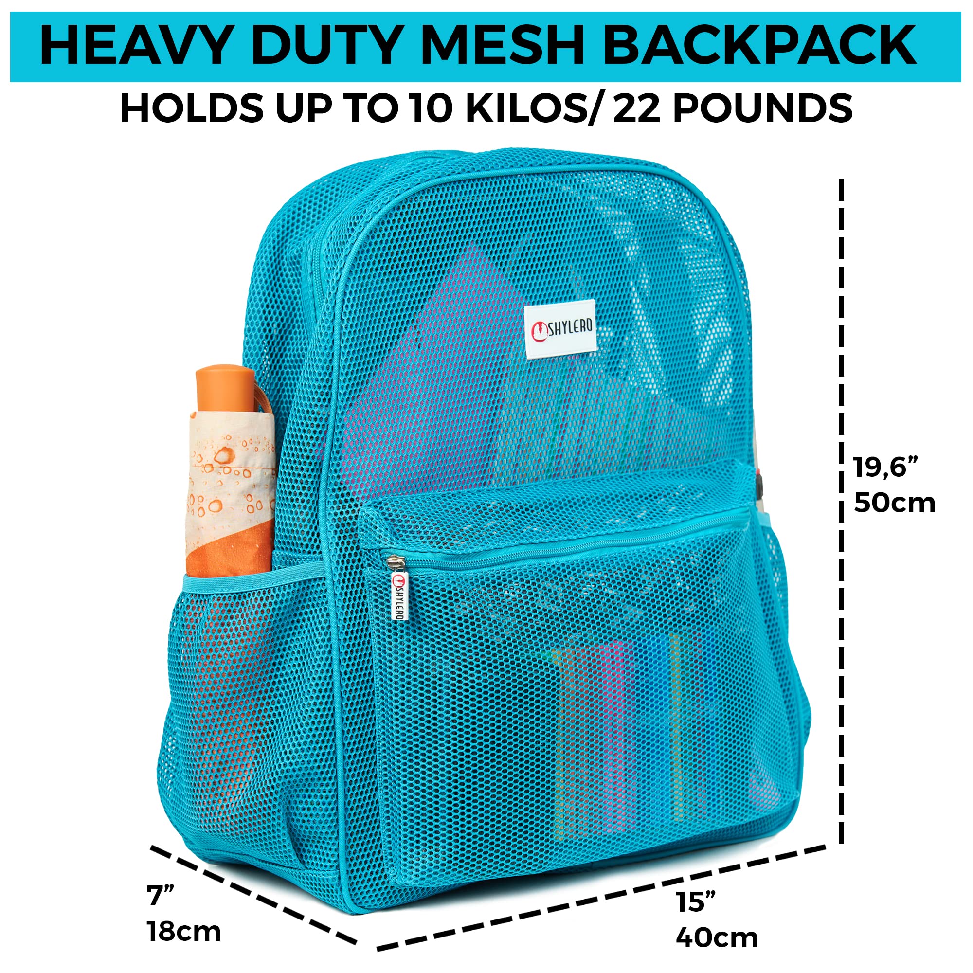 SHYLERO Mesh Backpack XXL (36L) - Lightweight Heavy-Duty Clear Backpack Made of Reinforced 3D Mesh - H19.6 xW15 xD7 (Turquoise Armadillo)
