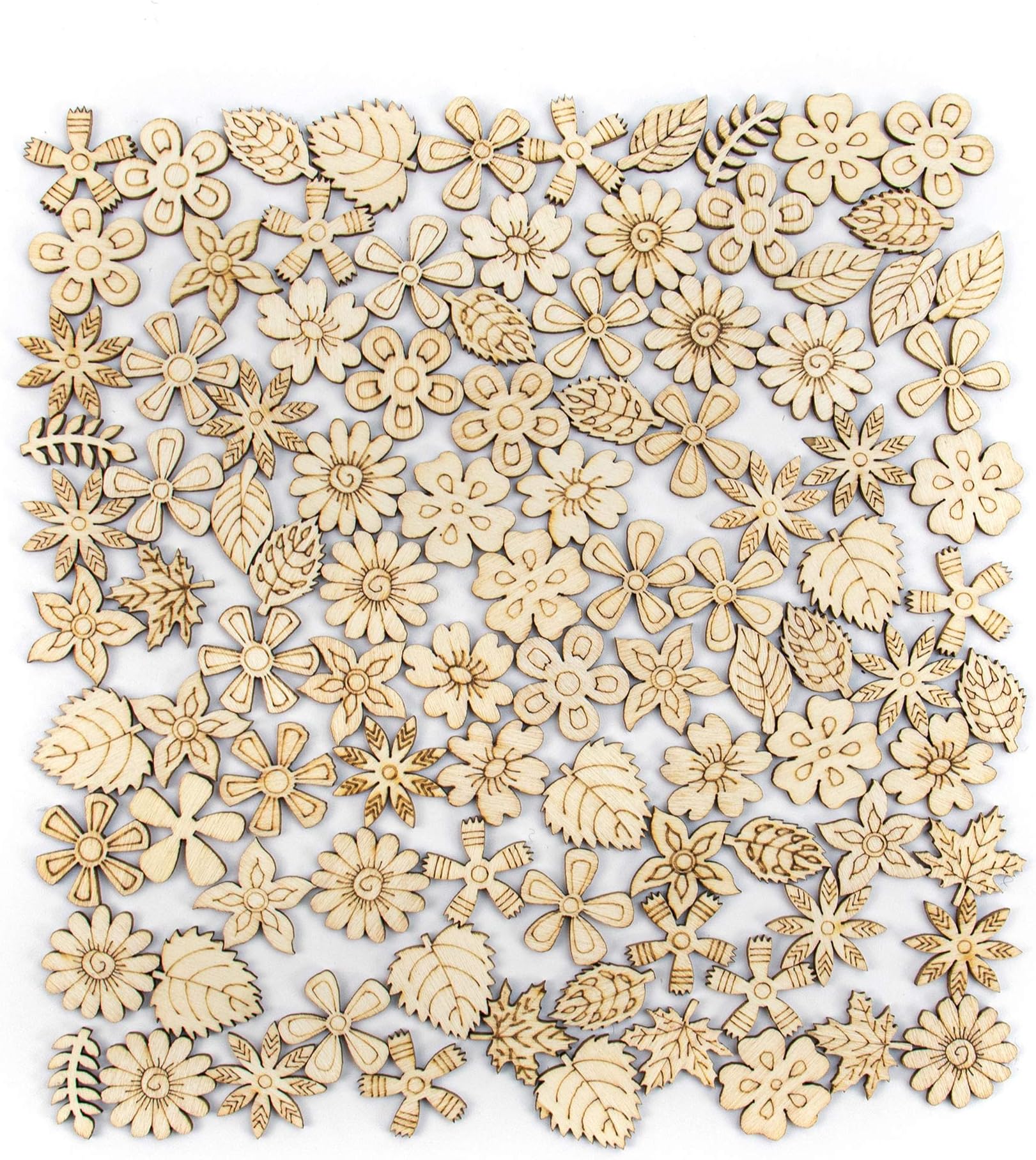 AUEAR, 300 Pack Mixed Wooden Flower Leaf Pattern Handmade Wodden Crafts Home Wedding School DIY Craft Dercoration