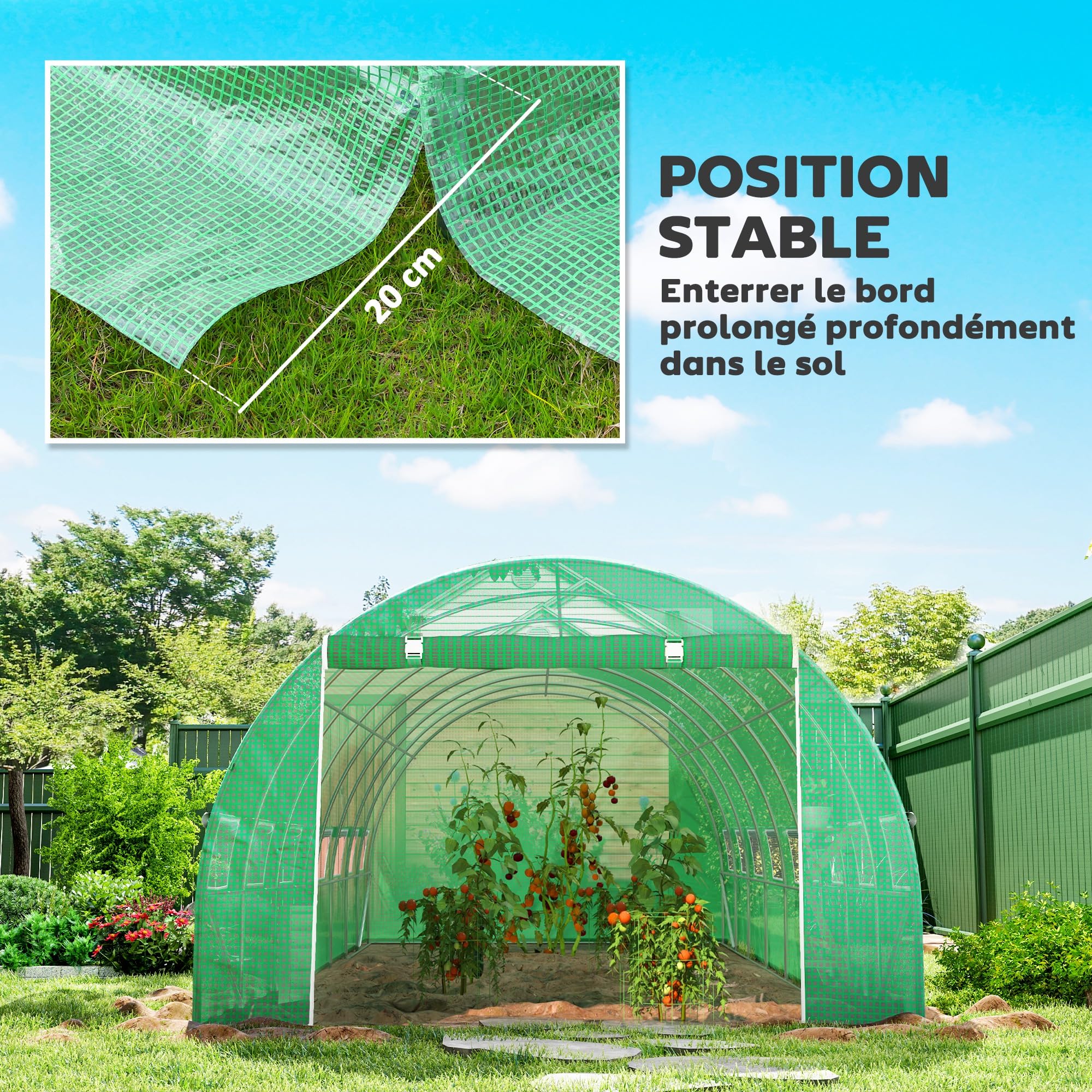 Outsunny Serre de Jardin Tunnel 24m² 8L x 3l x 2H m 16 fenêtres Porte zippée Enroulable châssis Tubulaire Acier galvanisé bâche PE Haute densité Vert