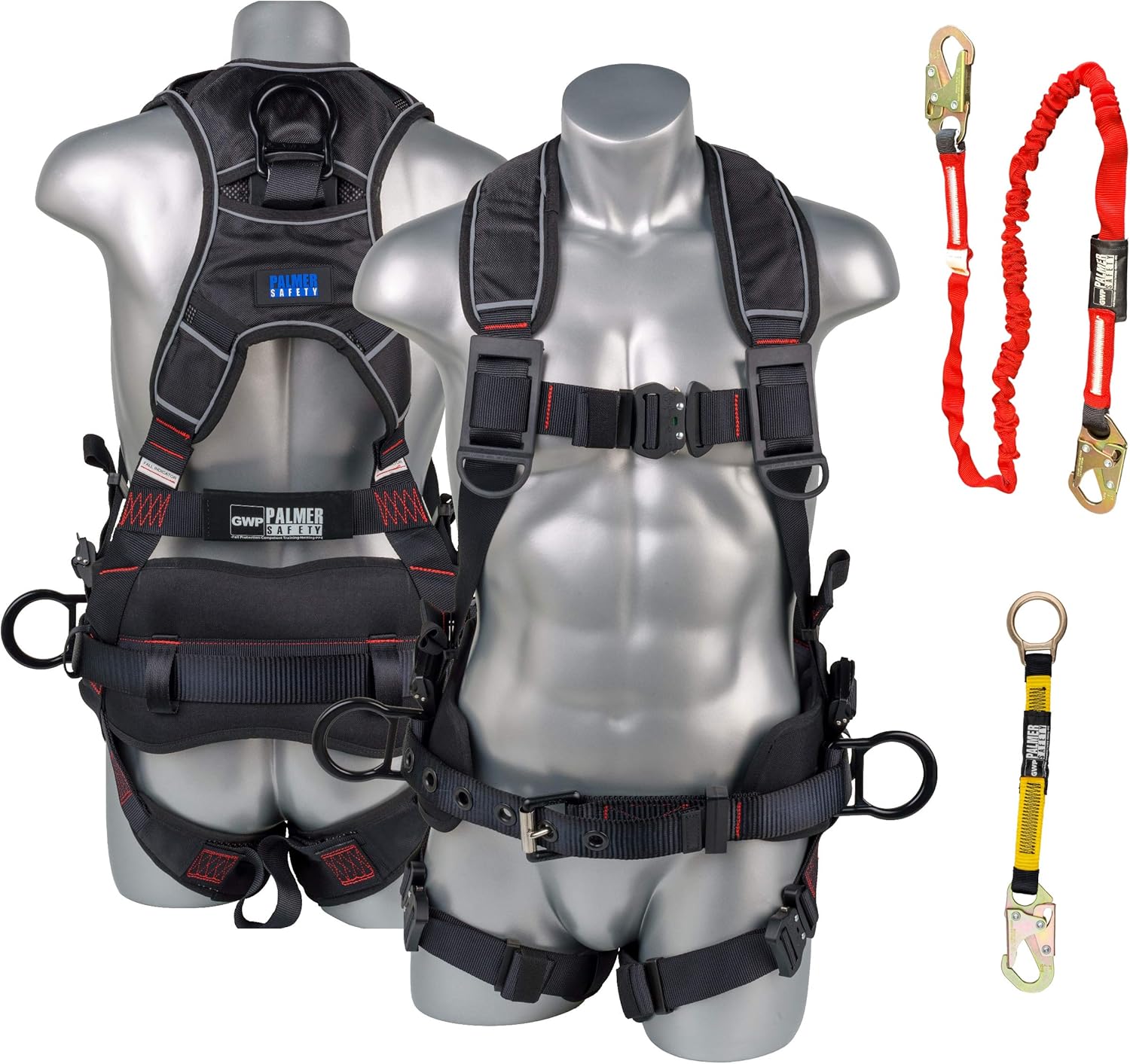 Palmer Safety Akula Premium Full Body Safety Harness Kit with Aluminum 3D D-Ring, 6' Lanyard & Extender - OSHA ANSI Compliant Fall Protection