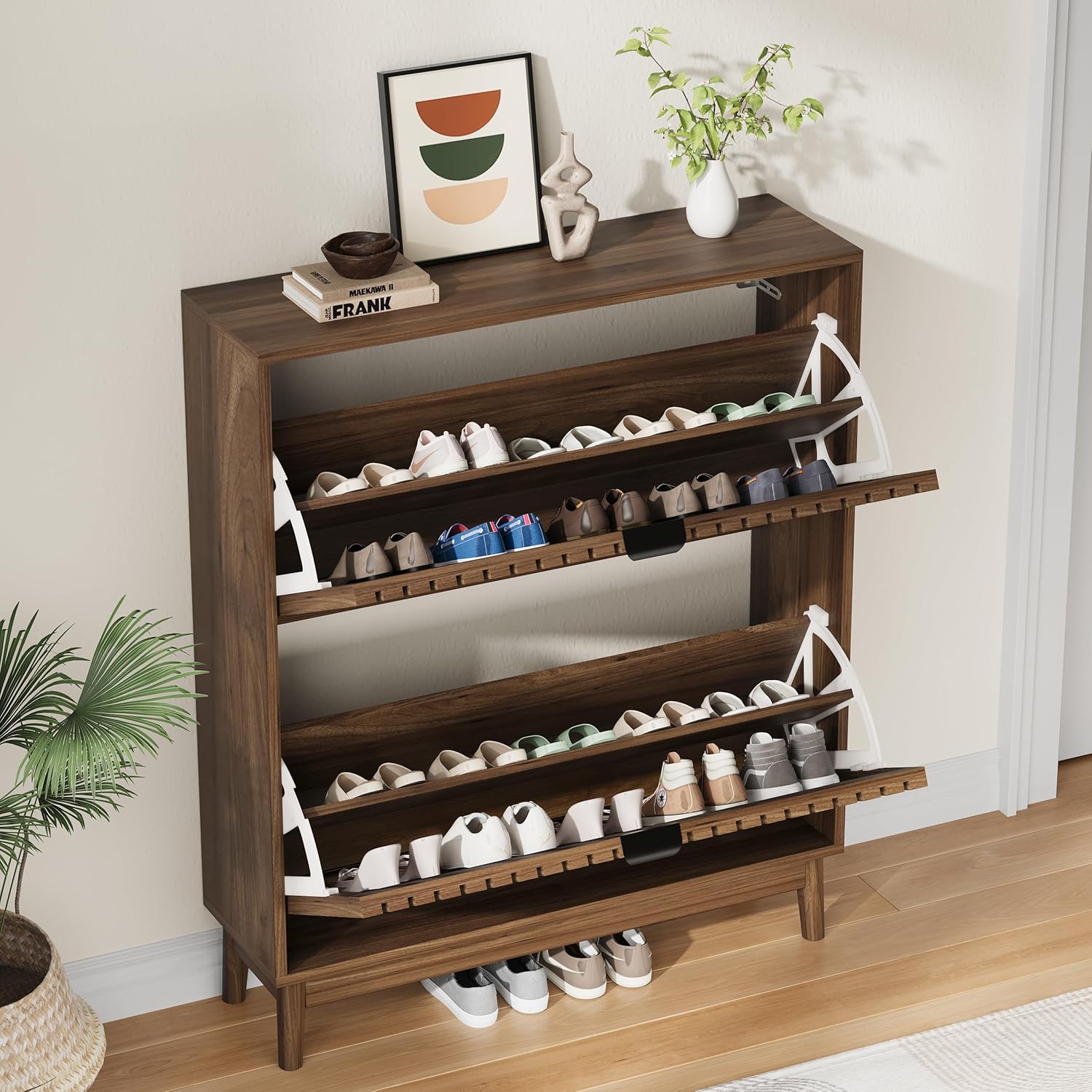 2 Flip Drawer Shoe Storage Cabinet, Wooden Shoe Organizer with Ventilated Slatted Doors for Entryway, Hallway, Living Room