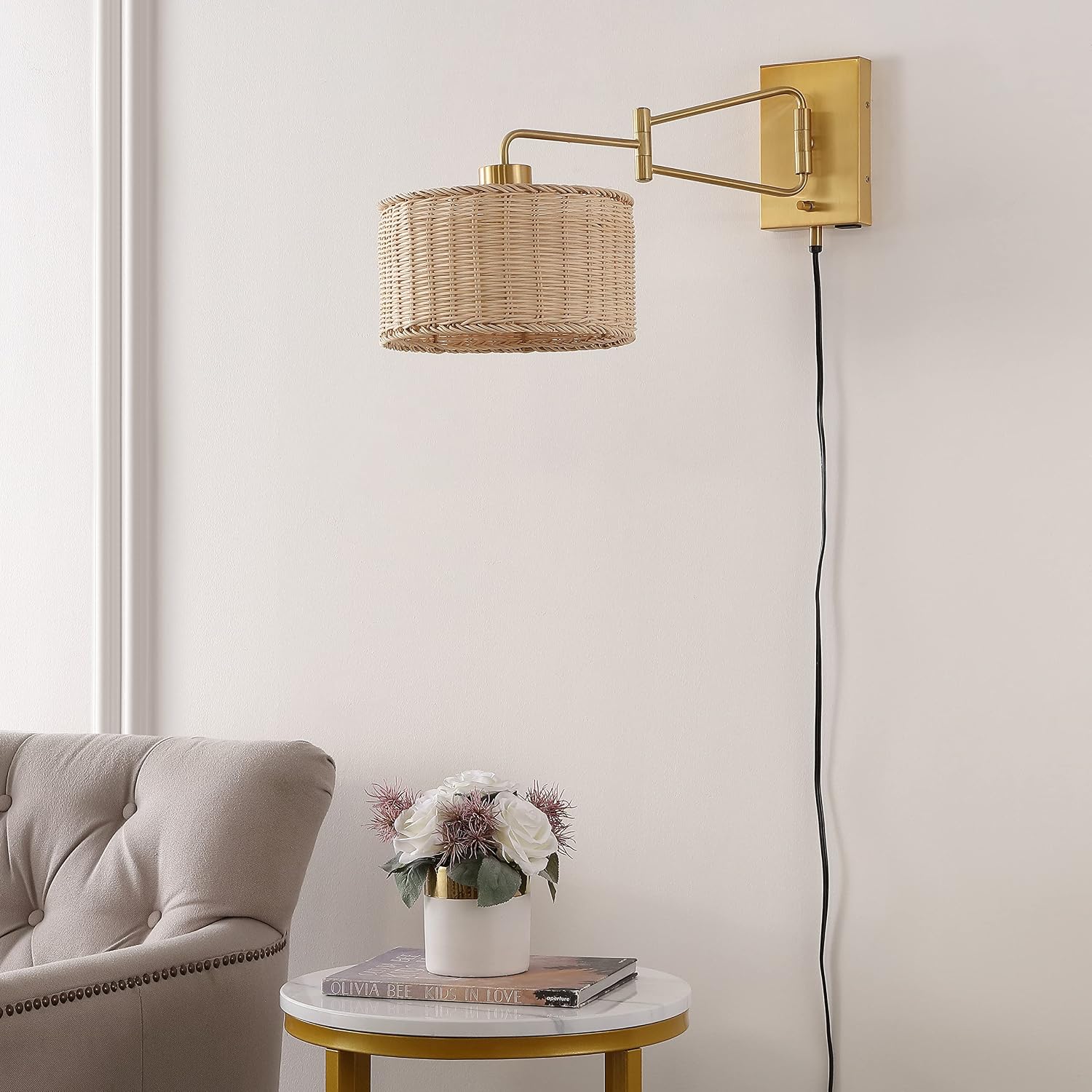 SAFAVIEH Lighting Collection Bramley Boho Coastal Natural Rattan/Brass USB Port Wall Sconce Set of 2