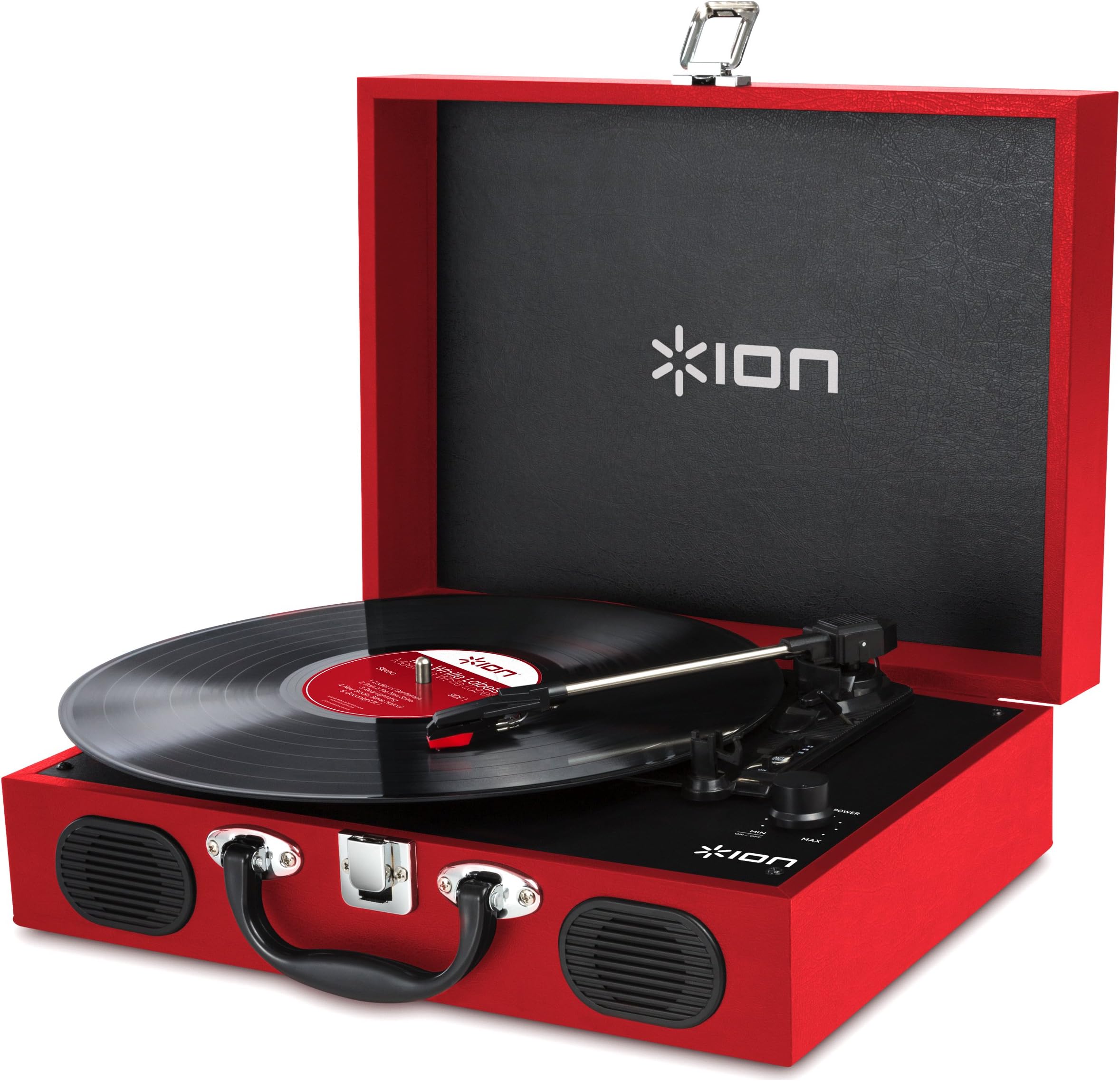 Ion Audio Vinyl Transport VJR01 Portable Briefcase Style Turntable (Red) with Built-In Stereo Speakers
