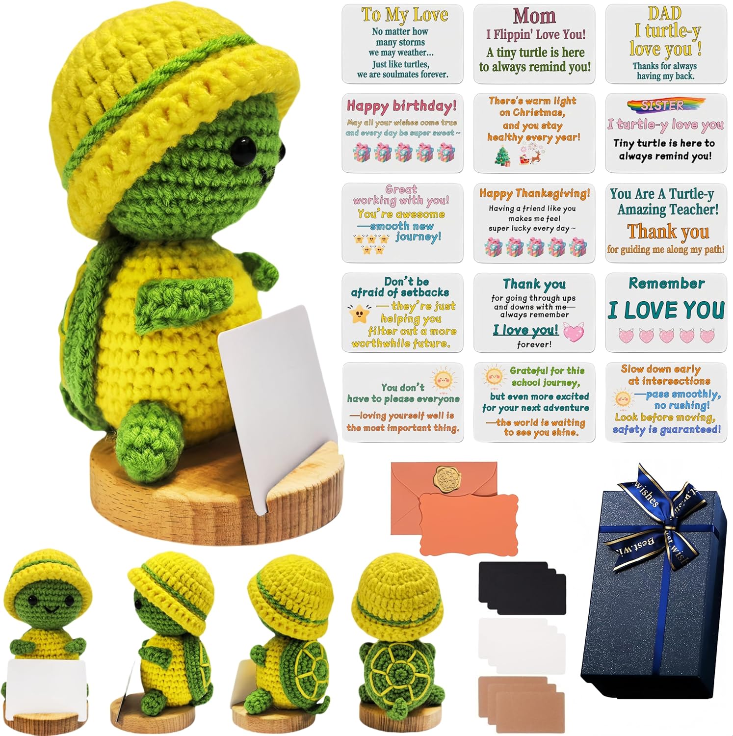 Positive Crochet Animals Appreciation Luxury Gift Set Inspirational Emotional Support Sea Turtle Desktop Decor Perfect for Couples Parents Coworkers Teachers Birthdays (Yellow (ordinary wooden base))